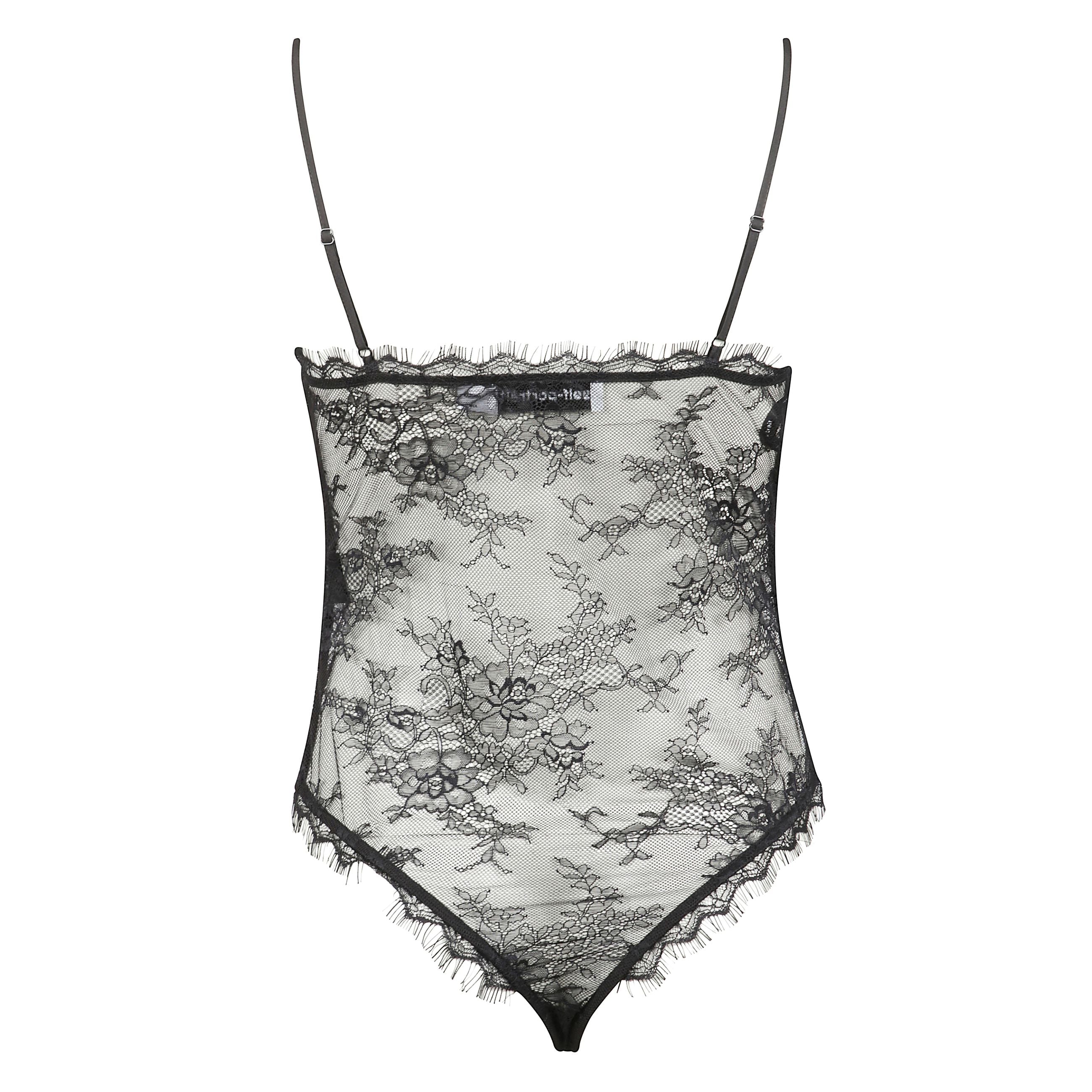 Top body in rete con motivo a pois trasparente con spalline sottili, scollo a v e finiture in pizzo