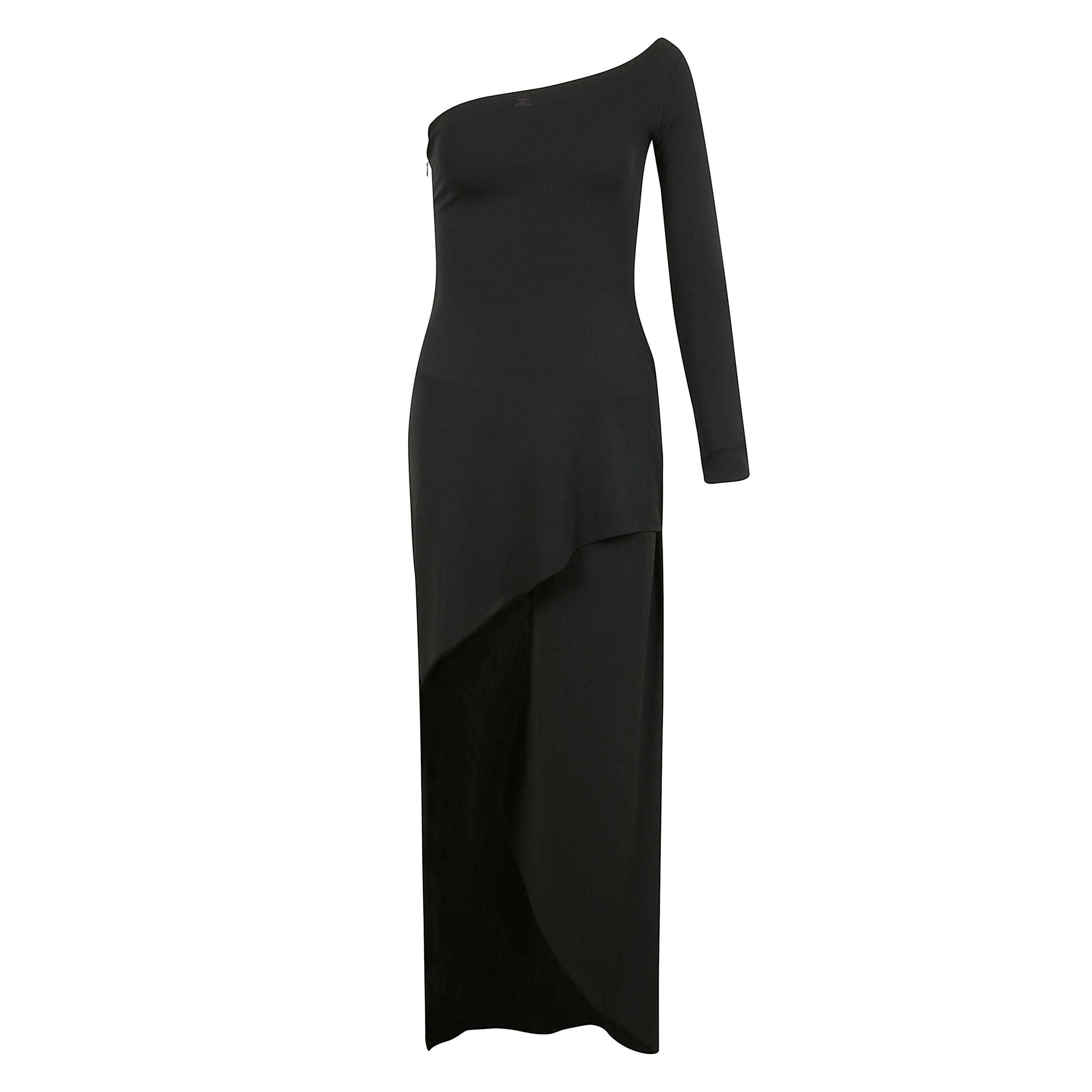 Abito midi infinity con chiusura laterale con zip, maniche asimmetriche, orlo asimmetrico e lunghezza media.