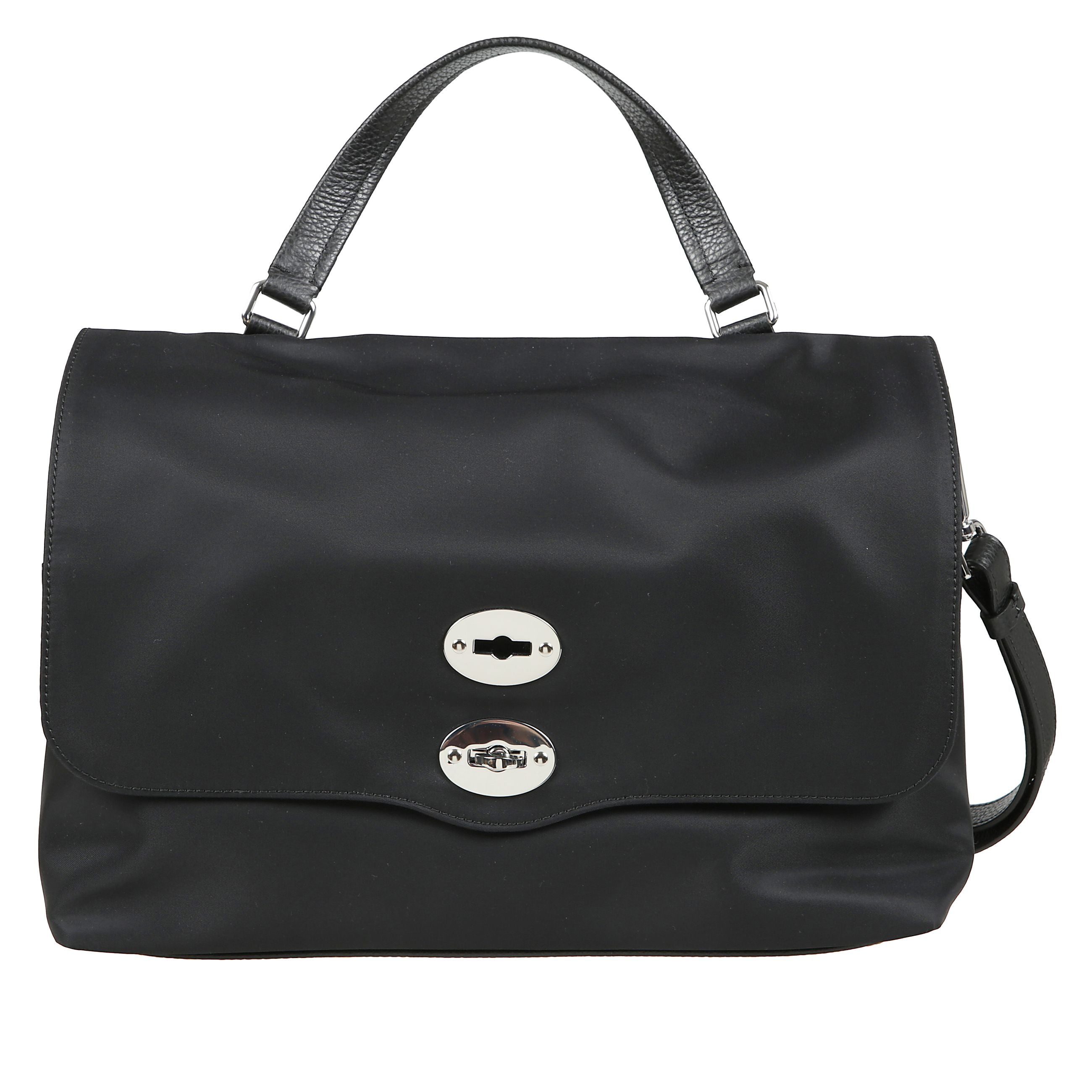 Borsa a mano realizzata in nylon, doppio scomparto interno, manico superiore in pelle, tracolla regolabile e removibile in pelle e chiusura a doppio girello con patta