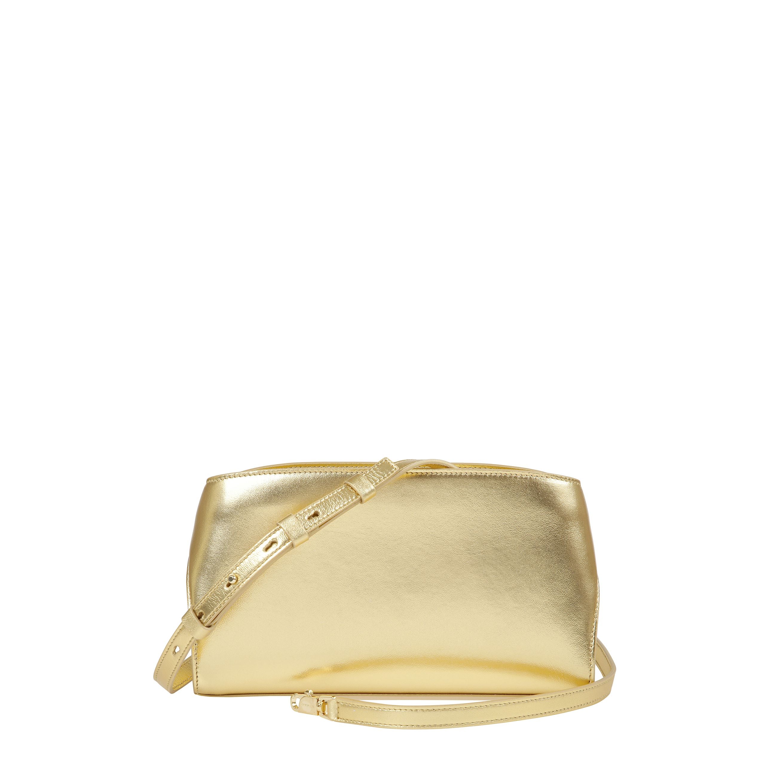 Mini borsa a tracolla hug metallizzata con fianchi avvolgenti e fibbie gancini in finitura dorata. da indossare a mano come clutch o cross body grazie alla tracollina regolabile e rimovibile.