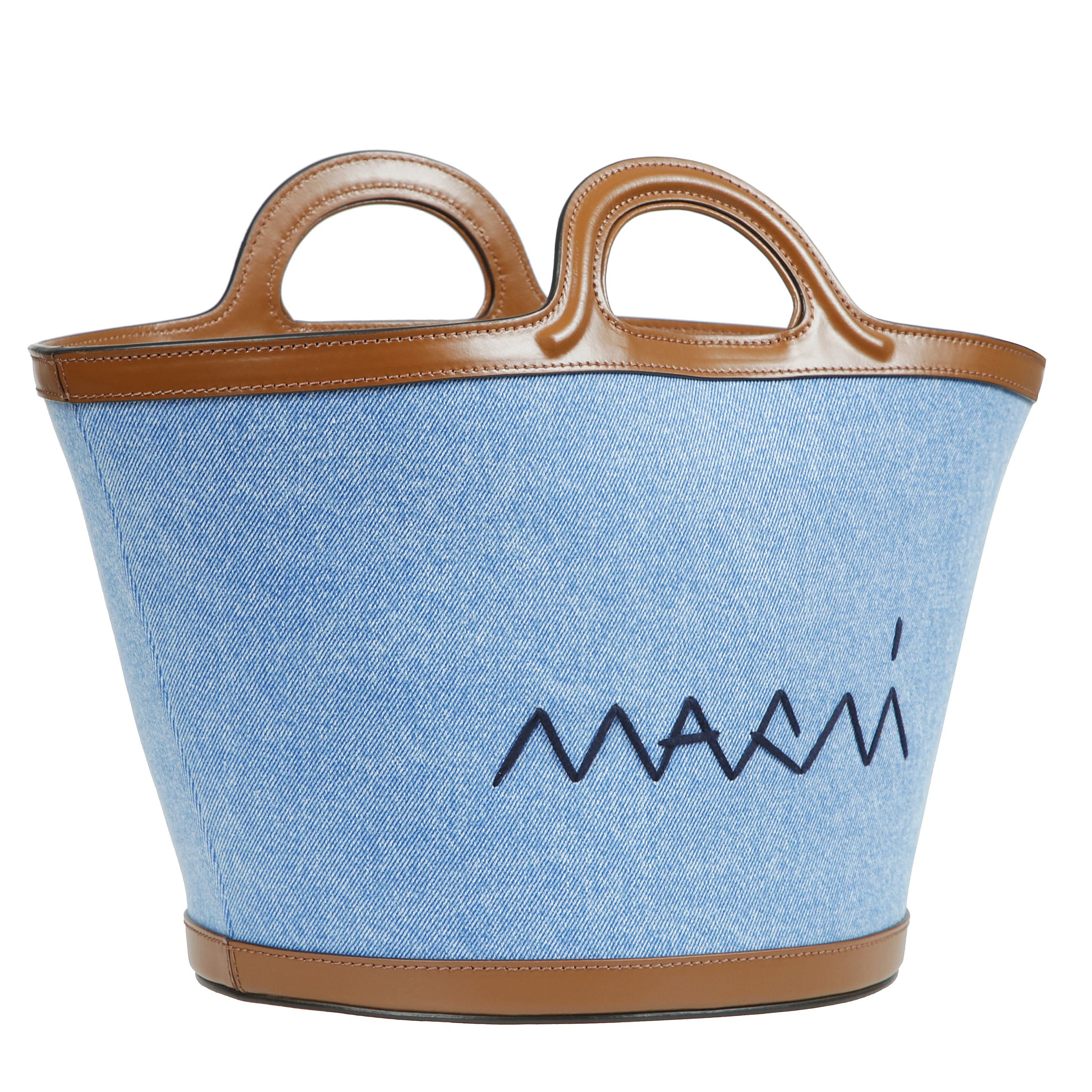 Borsa tropicalia a secchiello marni in denim di cotone e pelle con parte superiore aperta a due manici.