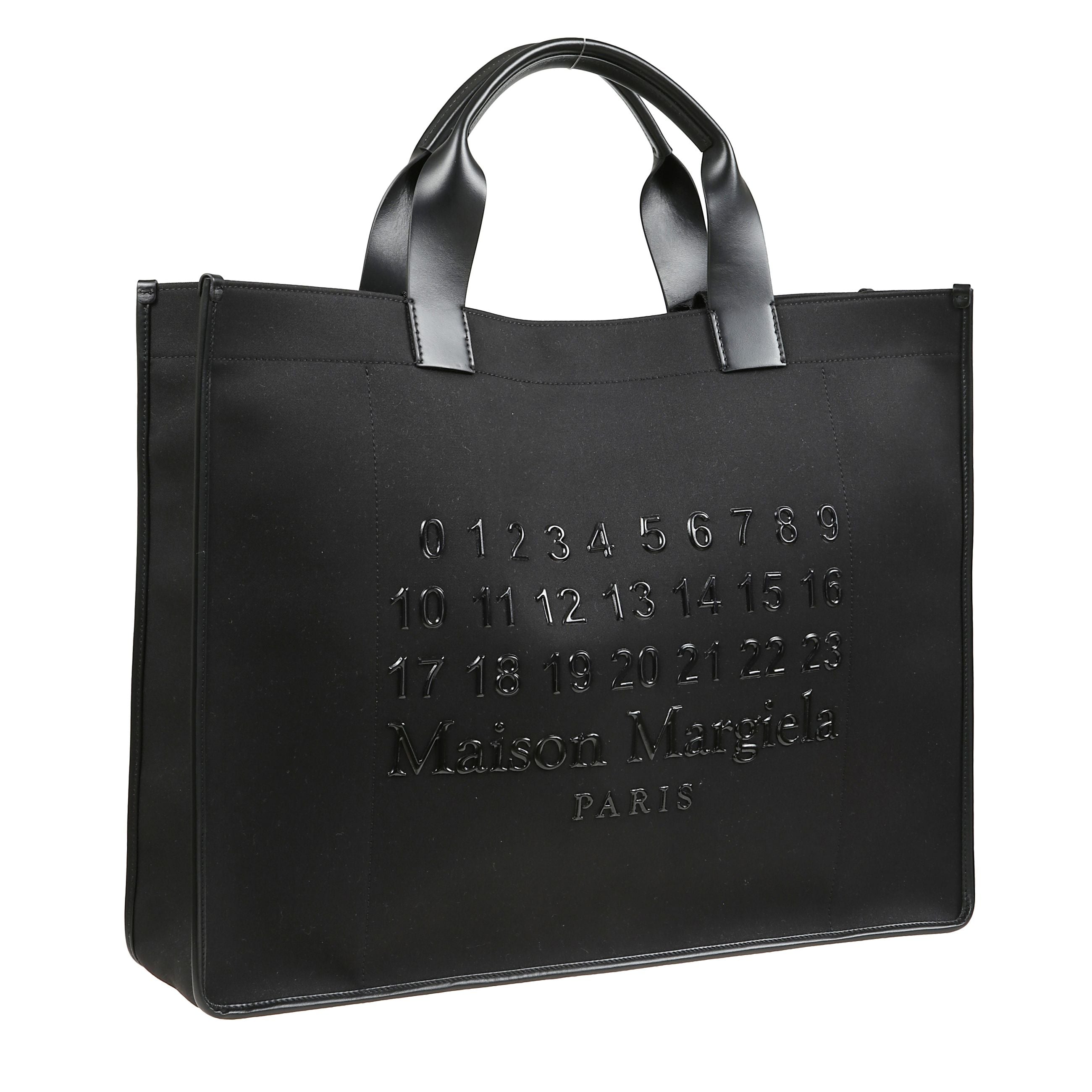 Borsa shopping cabas in tessuto con profilature in pelle arricchita da applicazione logata sulla parte frontale, interno sfoderato con cinque tasche a fessura