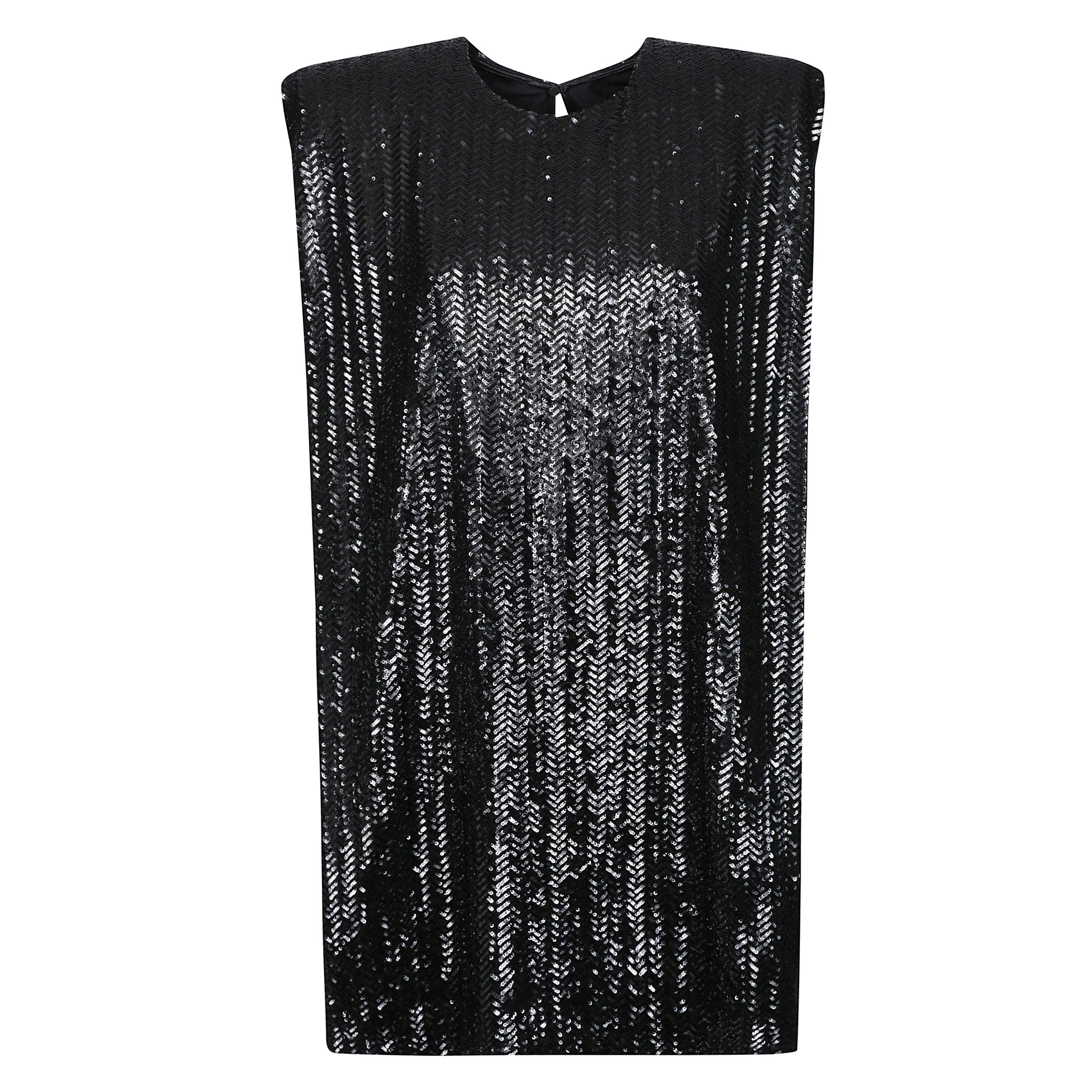 Ispirata all'energia degli anni novanta, la nostra nuova collezione celebra l'energia pulsante della musica e la forza illimitata dei sogni. senza maniche e con le spalle imbottite, questo vestito è caratterizzato dalla presenza di paillettes nere all ov