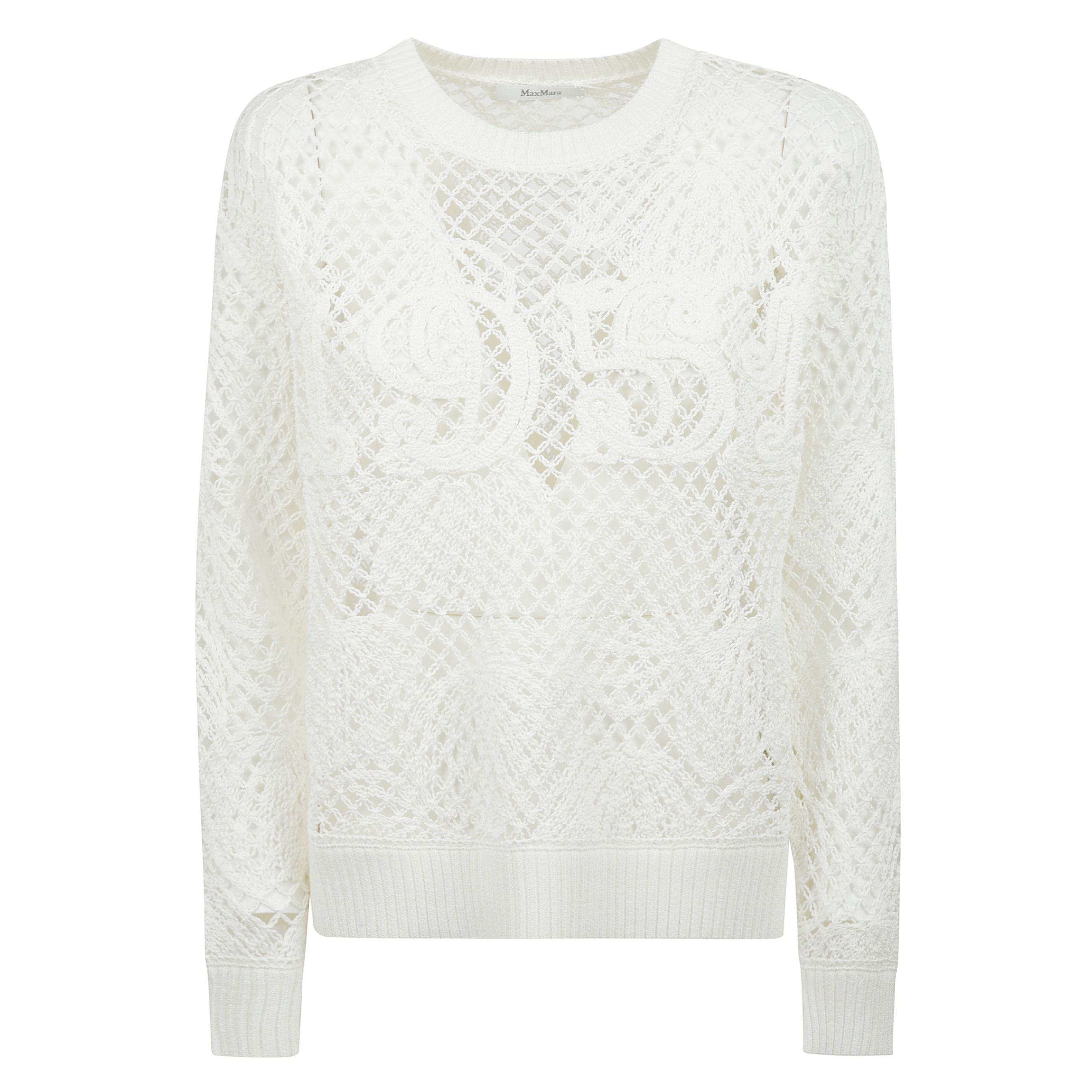 Maglia girocollo in filato di cotone, caratterizzata da una lavorazione a punto rete con ricamo cornely foliage e l'iconico logo 1951 sul davanti. rifinita con maniche lunghe a spalla scesa e bordi a costine.