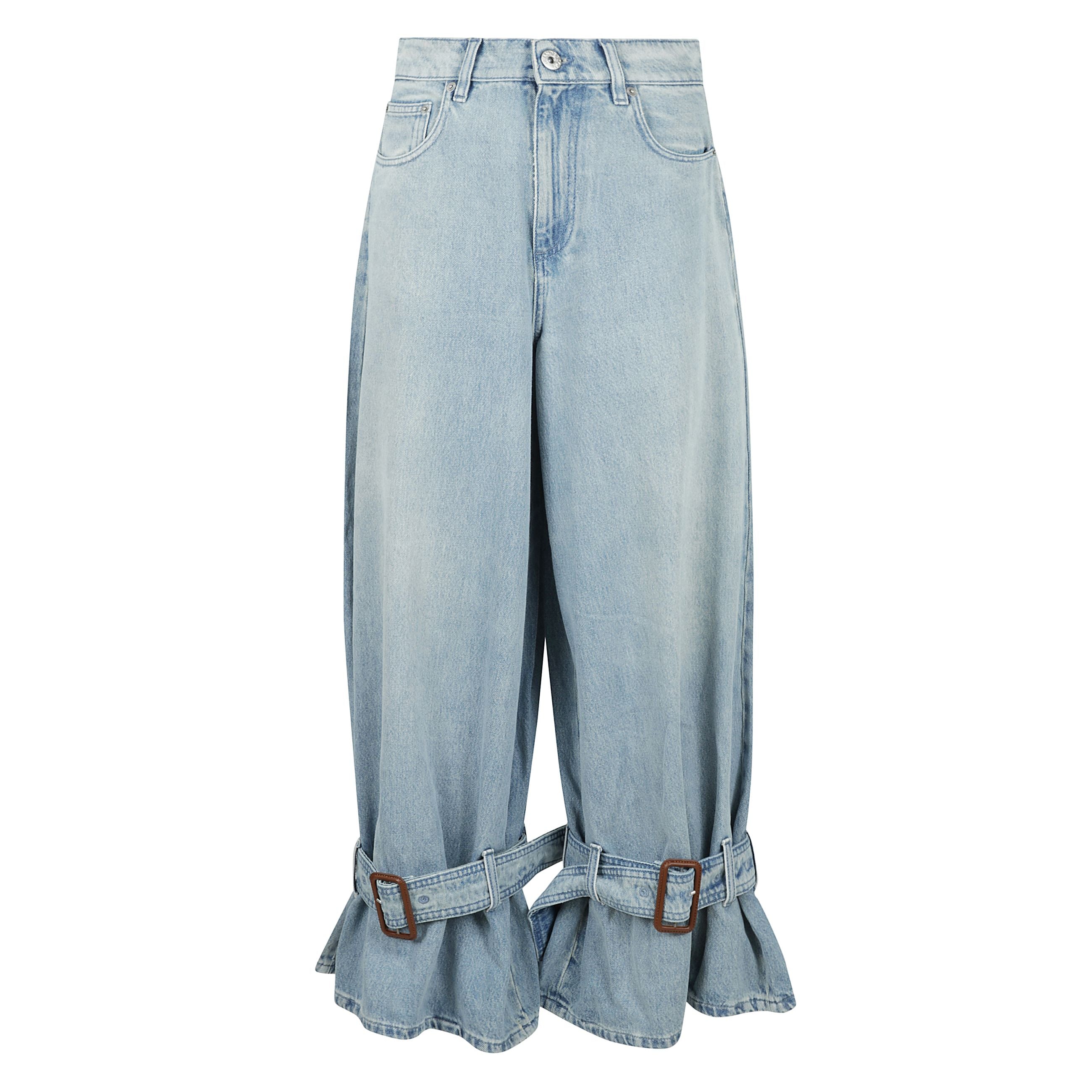 Buckled cuff jeans a gamba larga con chiusura frontale con bottone e cerniera nascosta