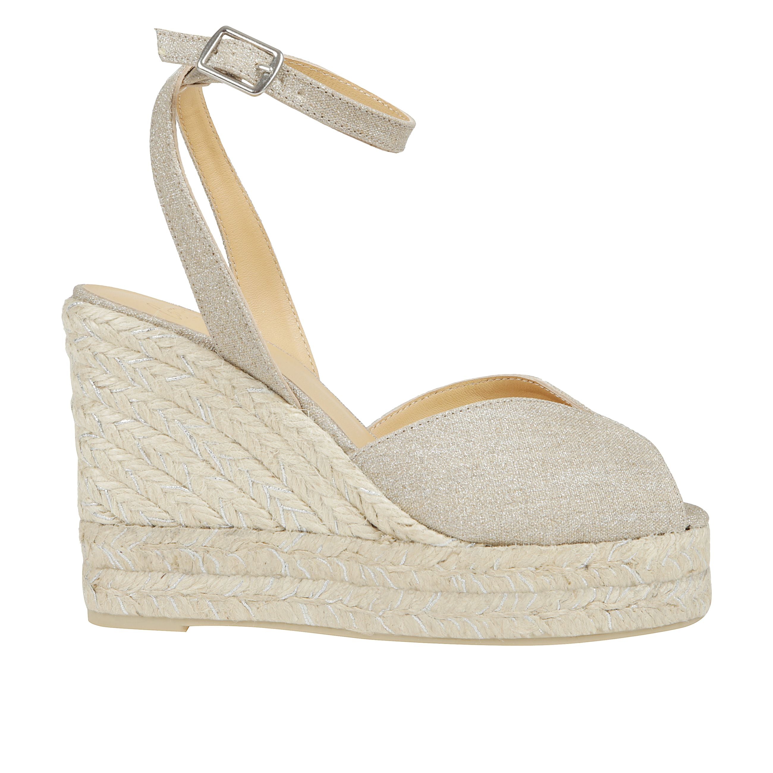 Sandalo blossom in lino metallizzato con chiusura a cinturino, scollo a v, soletta imbottita e zeppa in juta di 11 cm con doppio plateau.