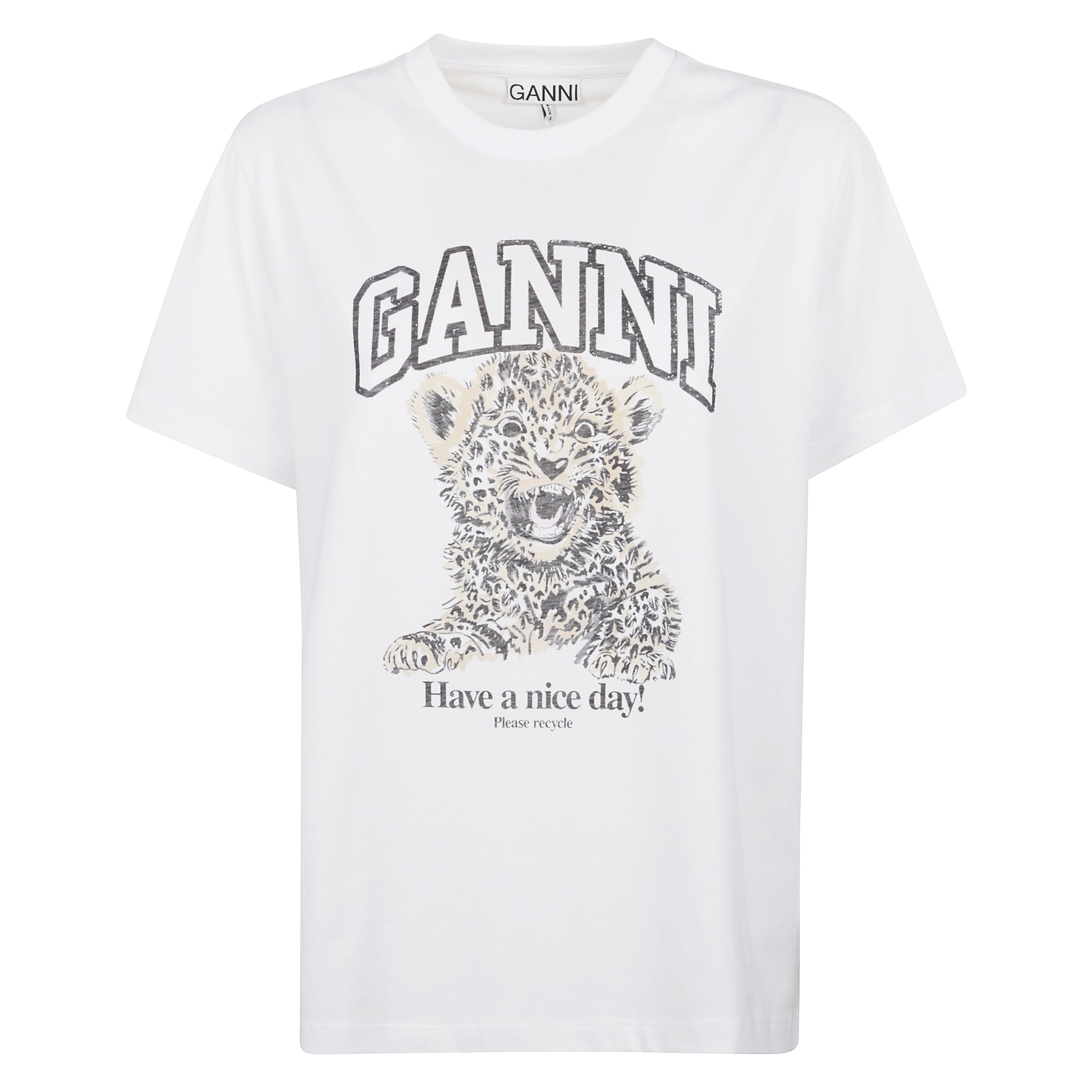 T-shirt ganni con stampa frontale. girocollo e maniche corte.