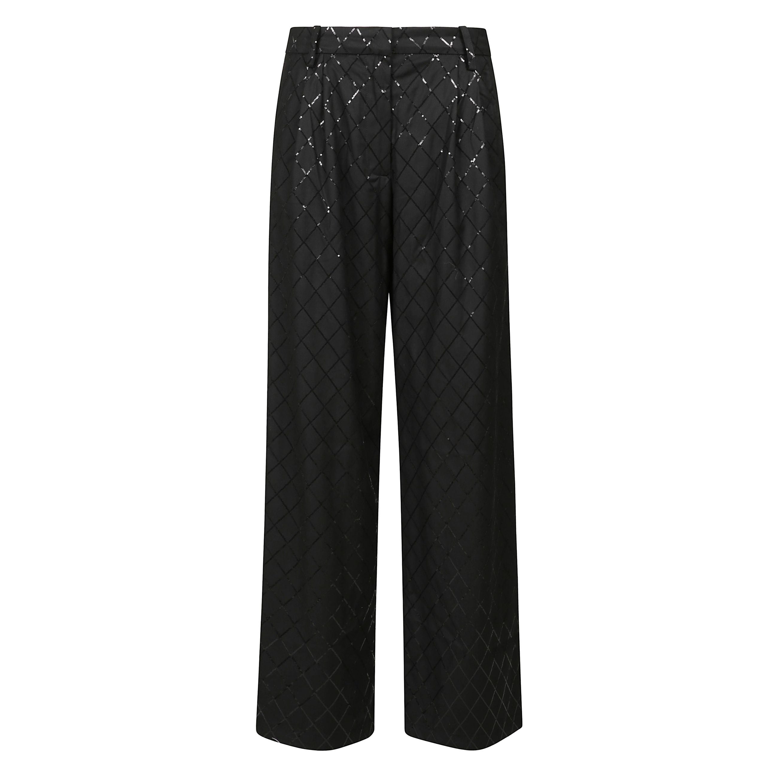 Pantaloni nero wide leg con decorazione paillettes e chiusura nascosta frontale a bottone