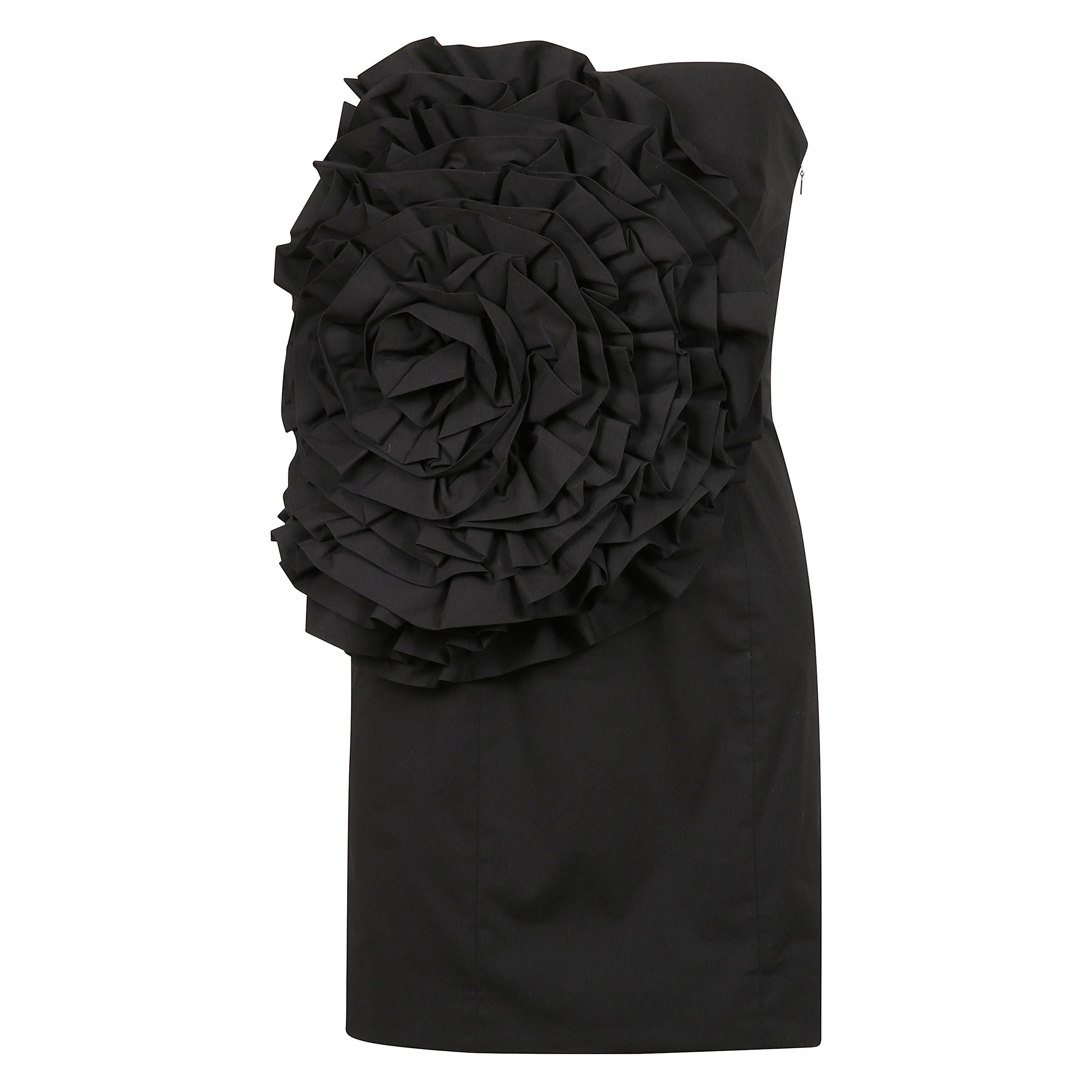 Mini dress in cotone stretch, spalle scoperte, dettaglio maxi fiore sul davanti, zip a chiusura laterale, slim fit.