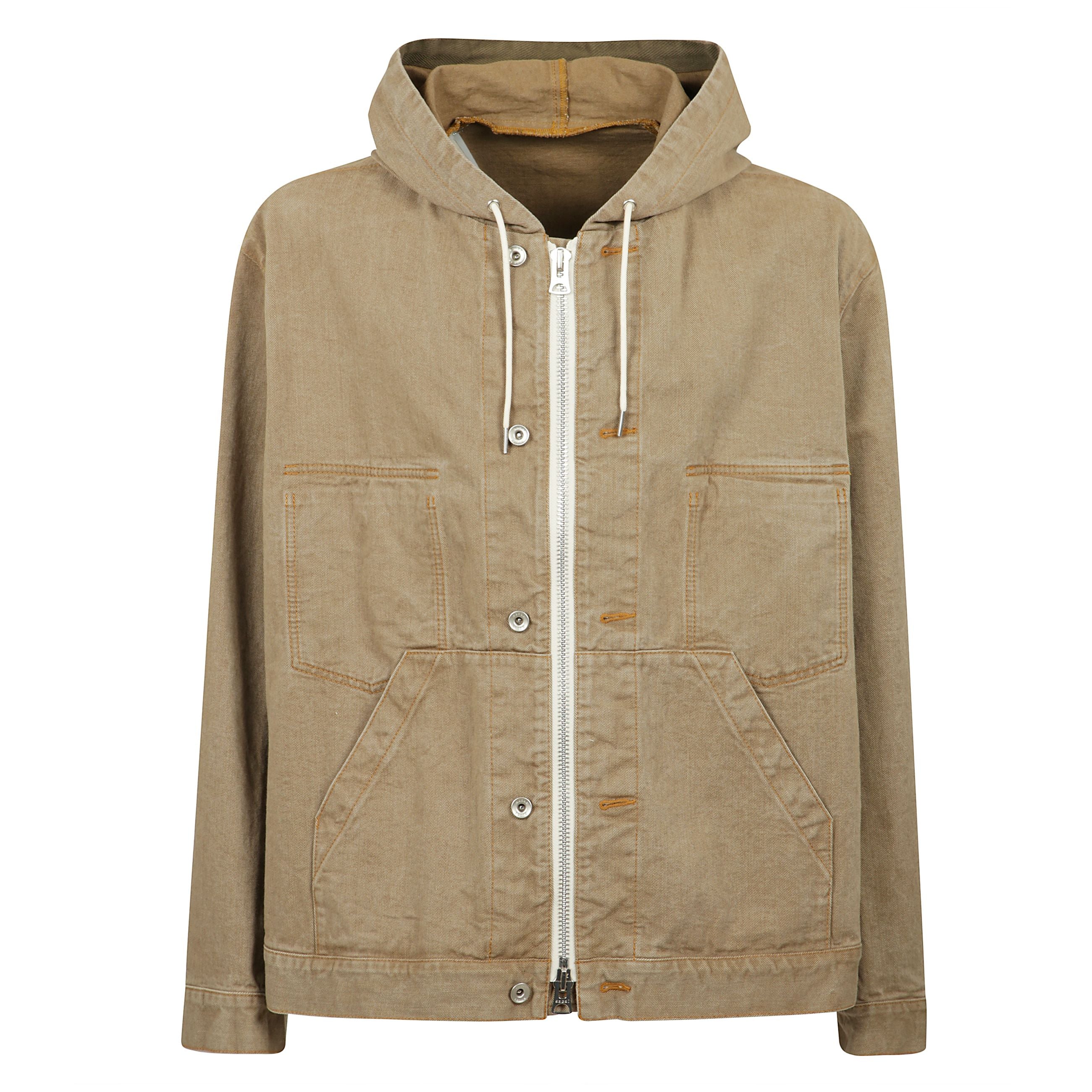 Giacca denim beige con chiusura frontale con zip e cappuccio con coulisse a maniche lunghe