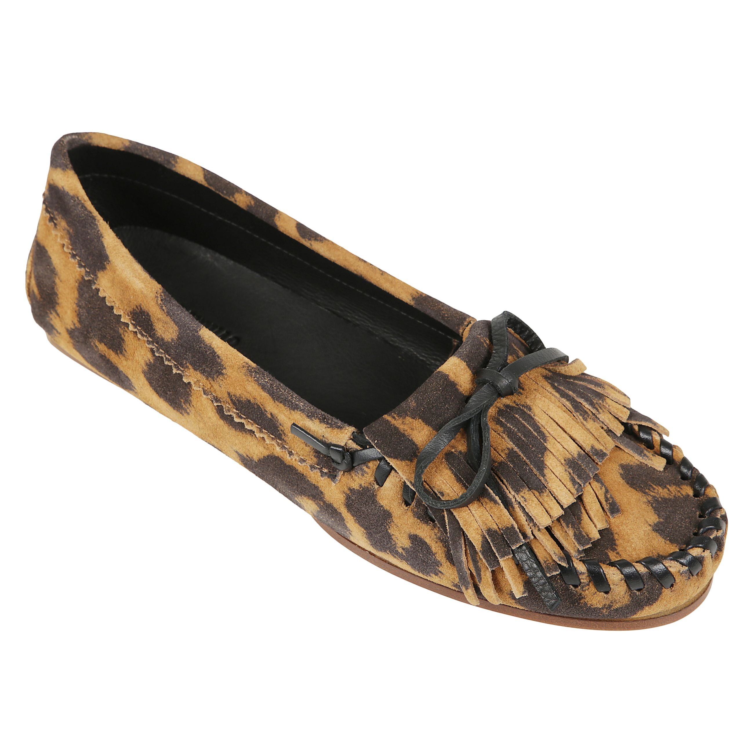 Indiana loafer
mocassino in camoscio stampa animalier e frange sulla tomaia.