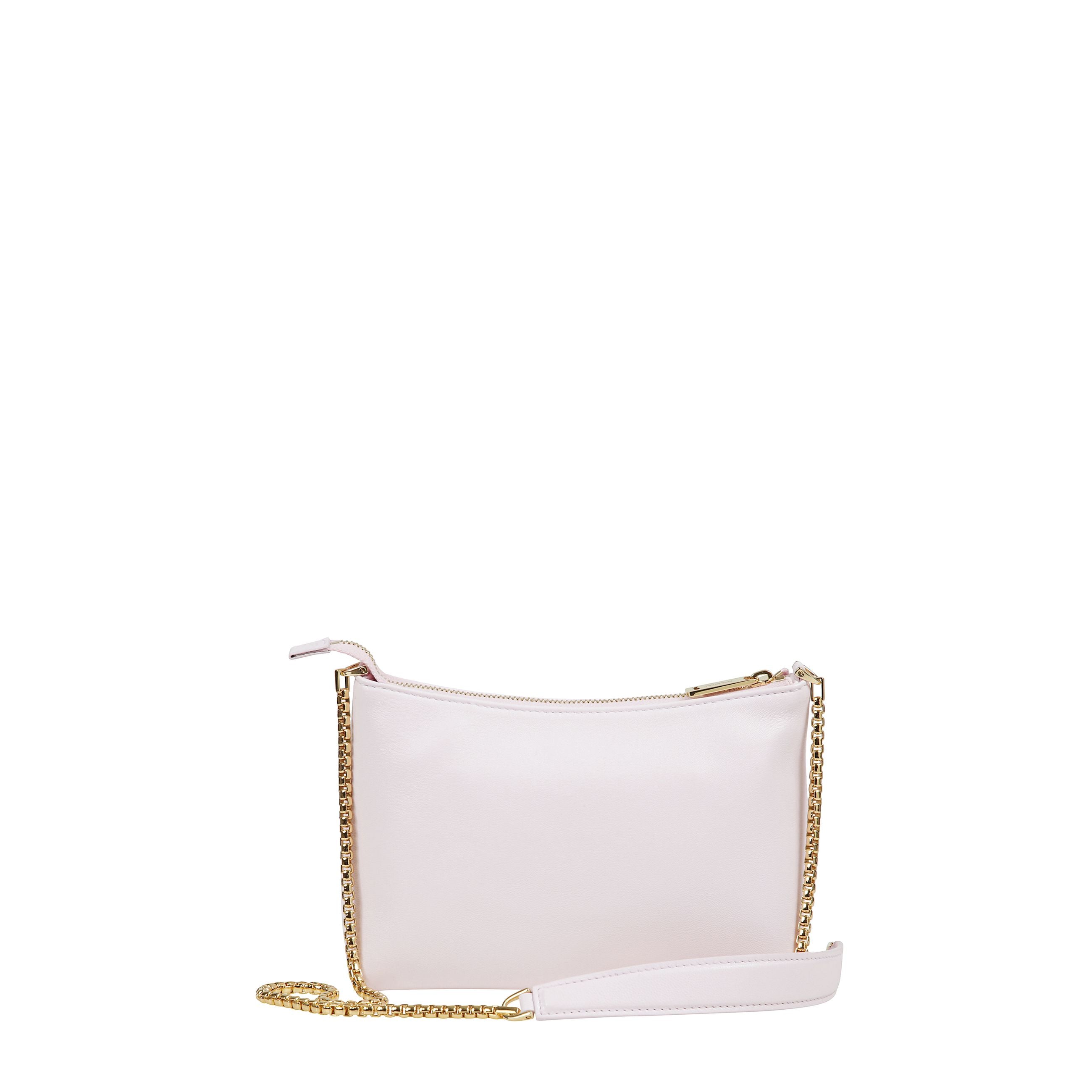 Mini borsa a tracolla, con manico in pelle e tracolla con catena in metallo.