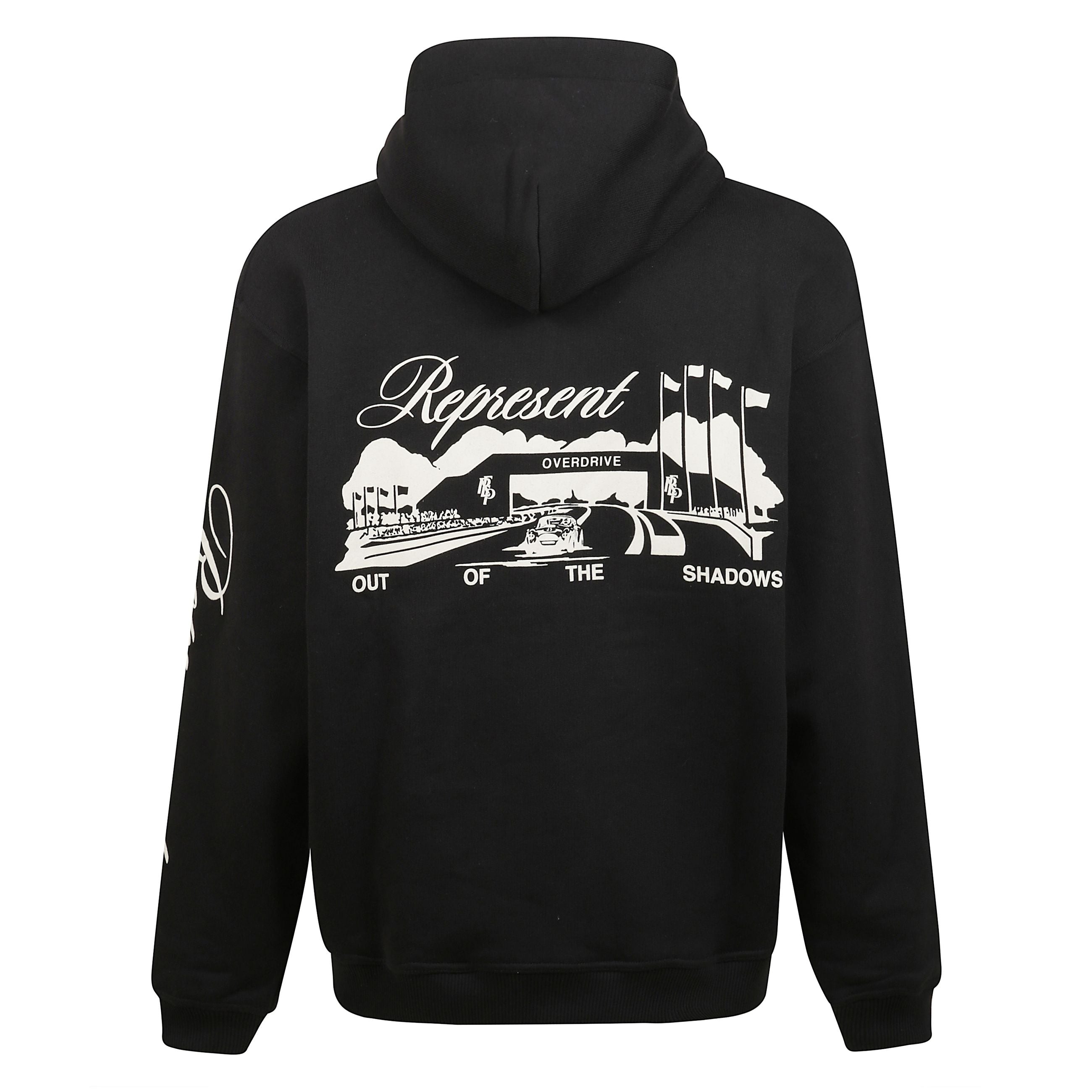 Felpa raceway in cotone con cappuccio, tasca frontale a marsupio e stampa grafica sul retro