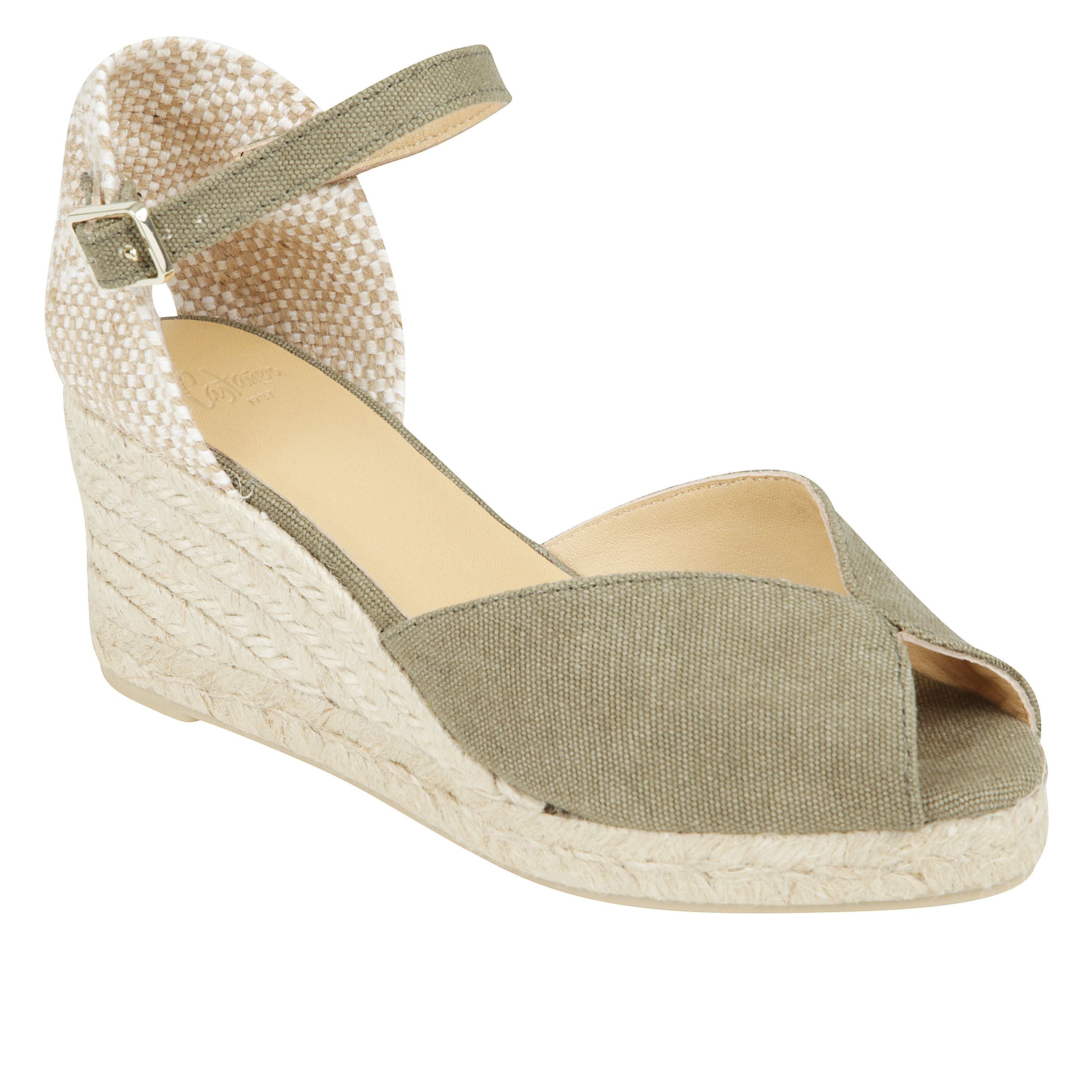 Sandalo bianca stile peep-toe in cotone organico lavato con chiusura a cinturino, soletta imbottita e zeppa in juta