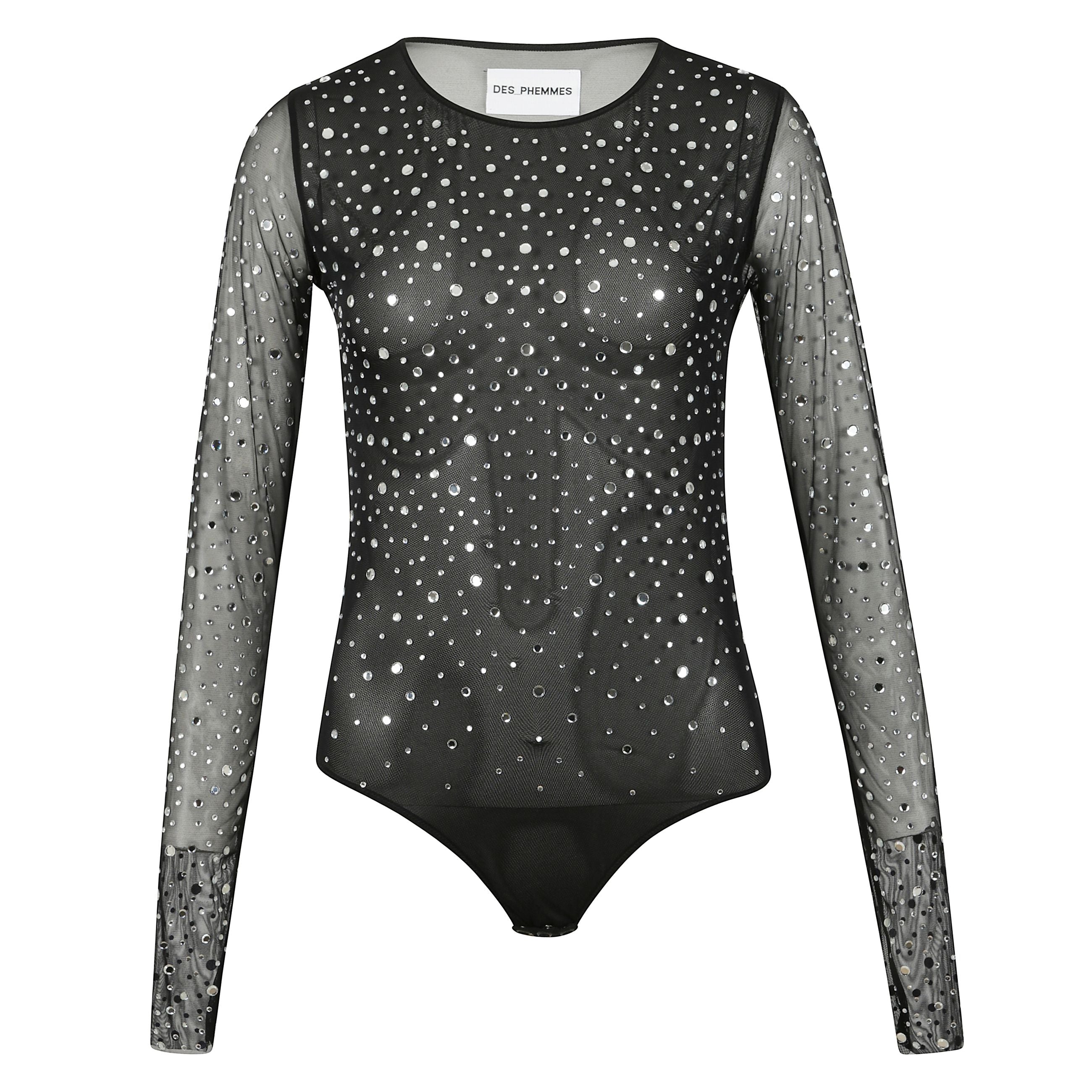 Body nero in tulle manica lunga intarsiato di cristalli