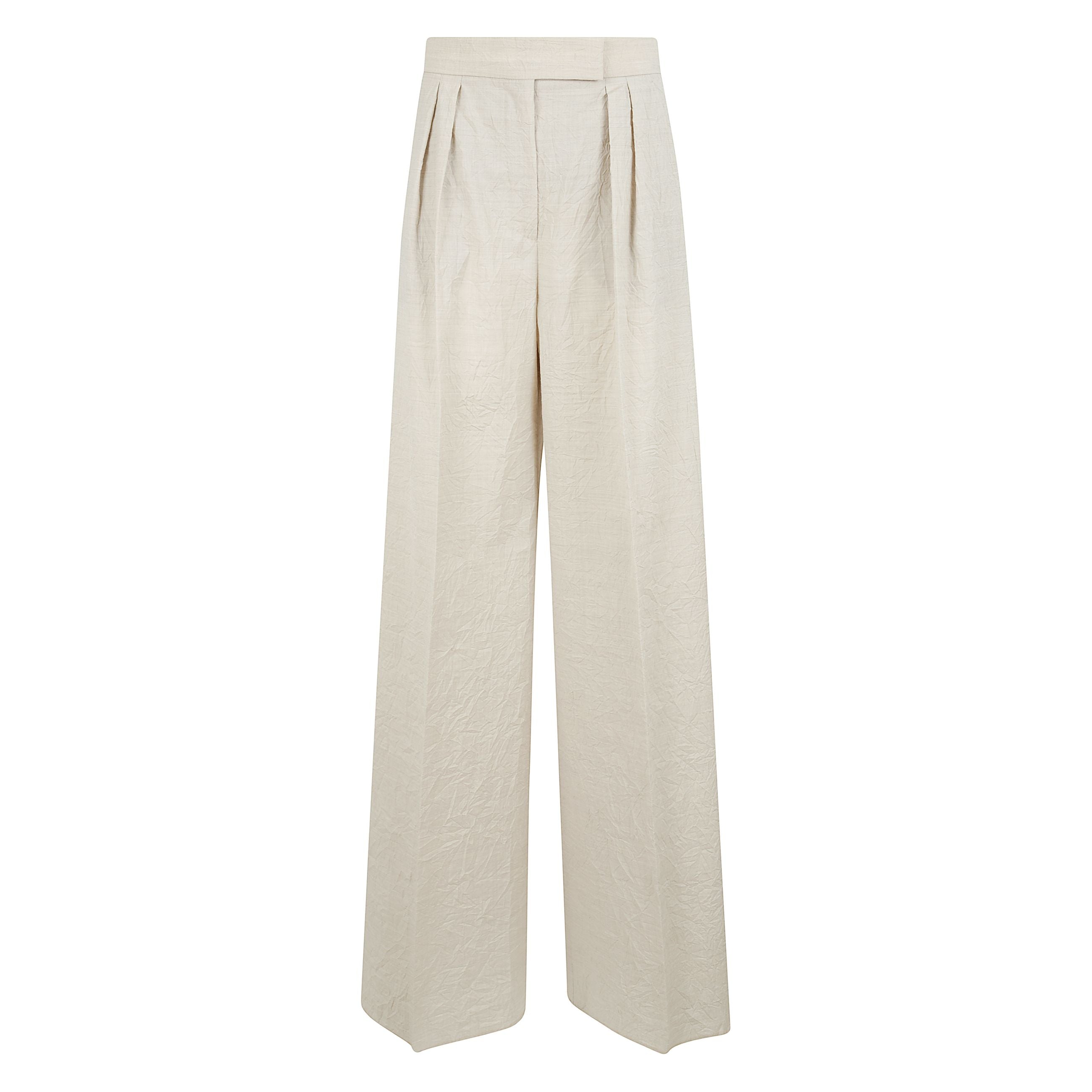 Pantalone wide leg, realizzato in tela di pura lana dalla caratteristica texture effetto stropicciato. il modello è caratterizzato da linea ampia sulla gamba, doppia pinces in vita sul davanti, tasche alla francese sui fianchi e tasche a filetto con bott