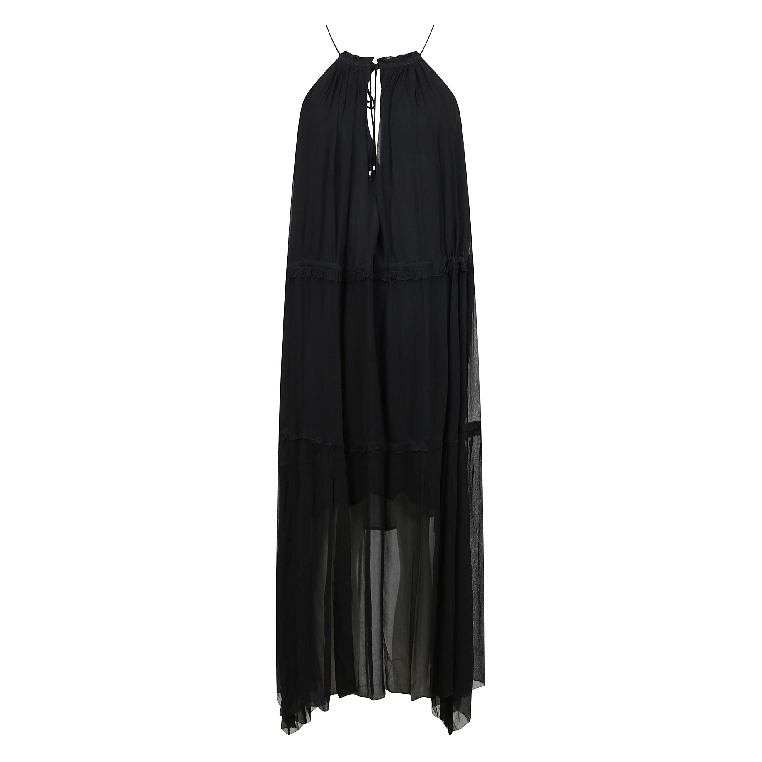 Abito alita lungo con scollo a goccia, colletto con coulisse, vita elasticizzata, rifinitura con ruches e fodera parziale