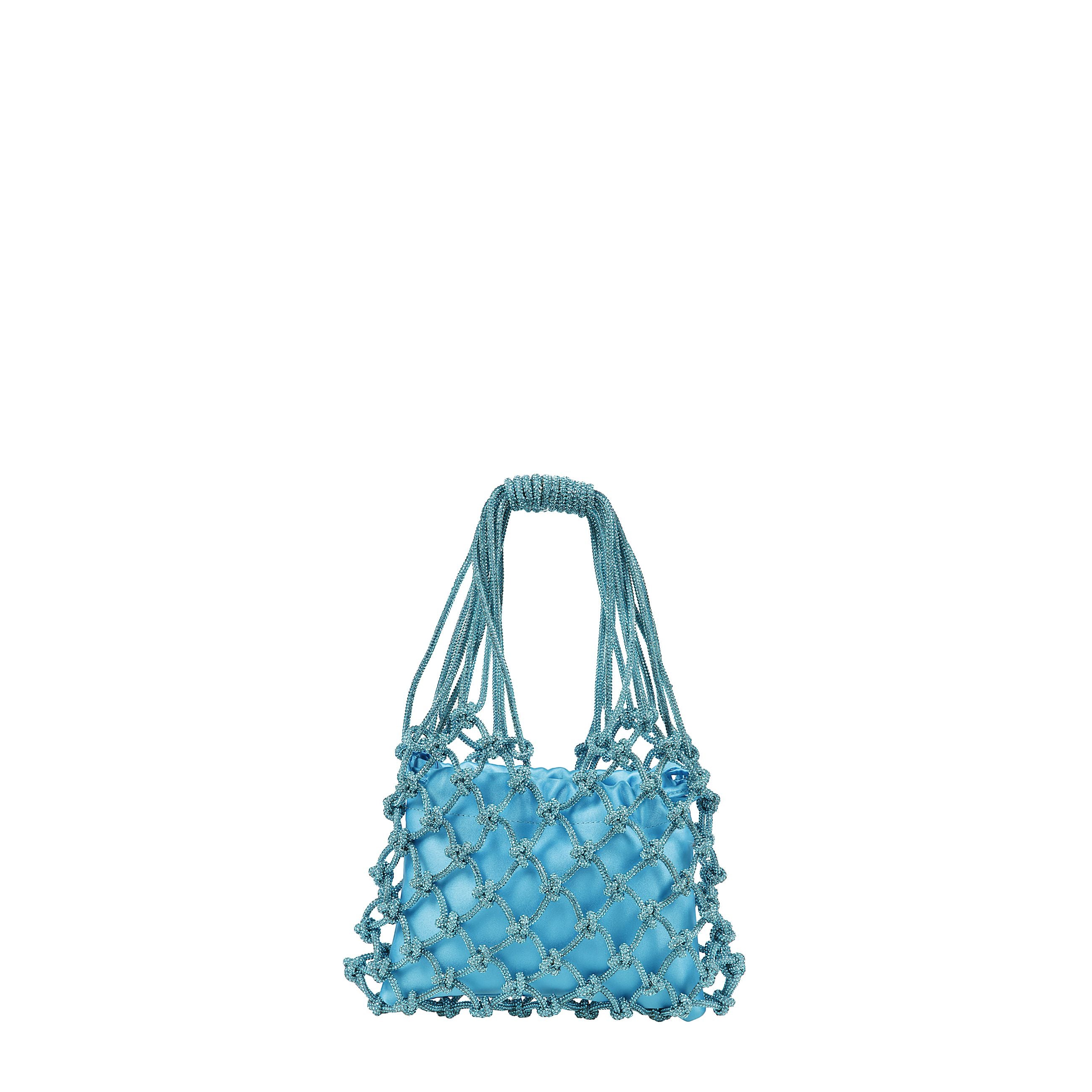 Borsa gioiello caratterizzata da una rete intrecciata con un prezioso filo di cristalli e da una pochette interna in tinta