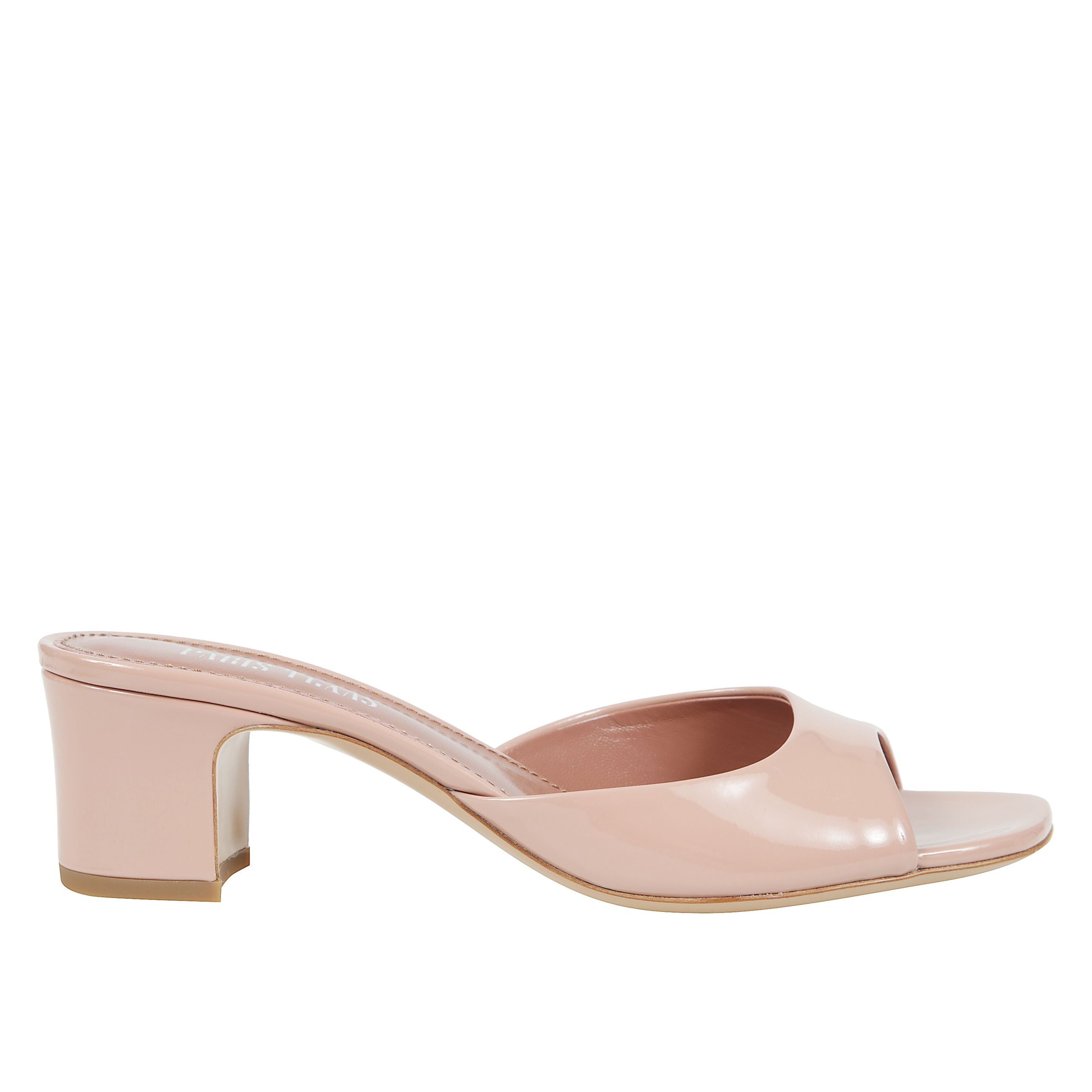 Mules open-toe in vernice. tacco chunky rivestito.