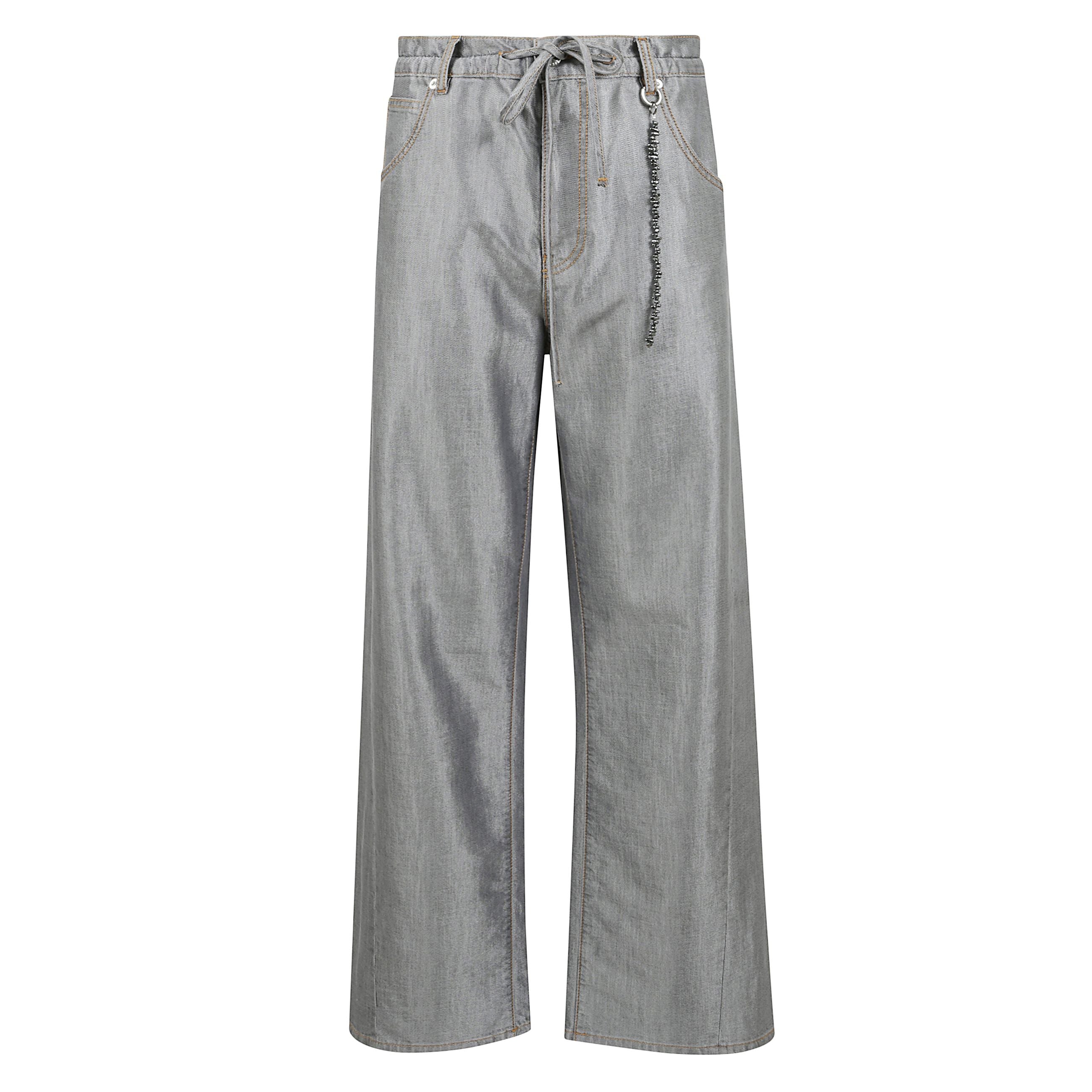 Jeans leggeri con coulisse regolabile in denim a gamba larga, bottone automatico con logo sul davanti, passanti per cintura con catena nera rimovibile, cinque tasche