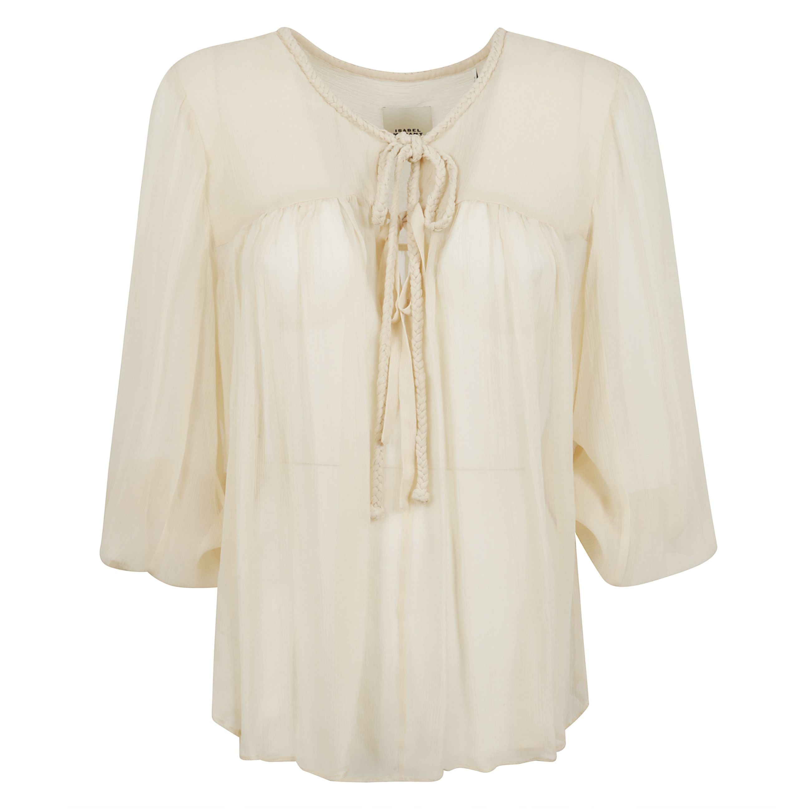 Blusa ametissa in seta, chiusura frontale con fiocco, orli elasticizzati e dettagli plissettati