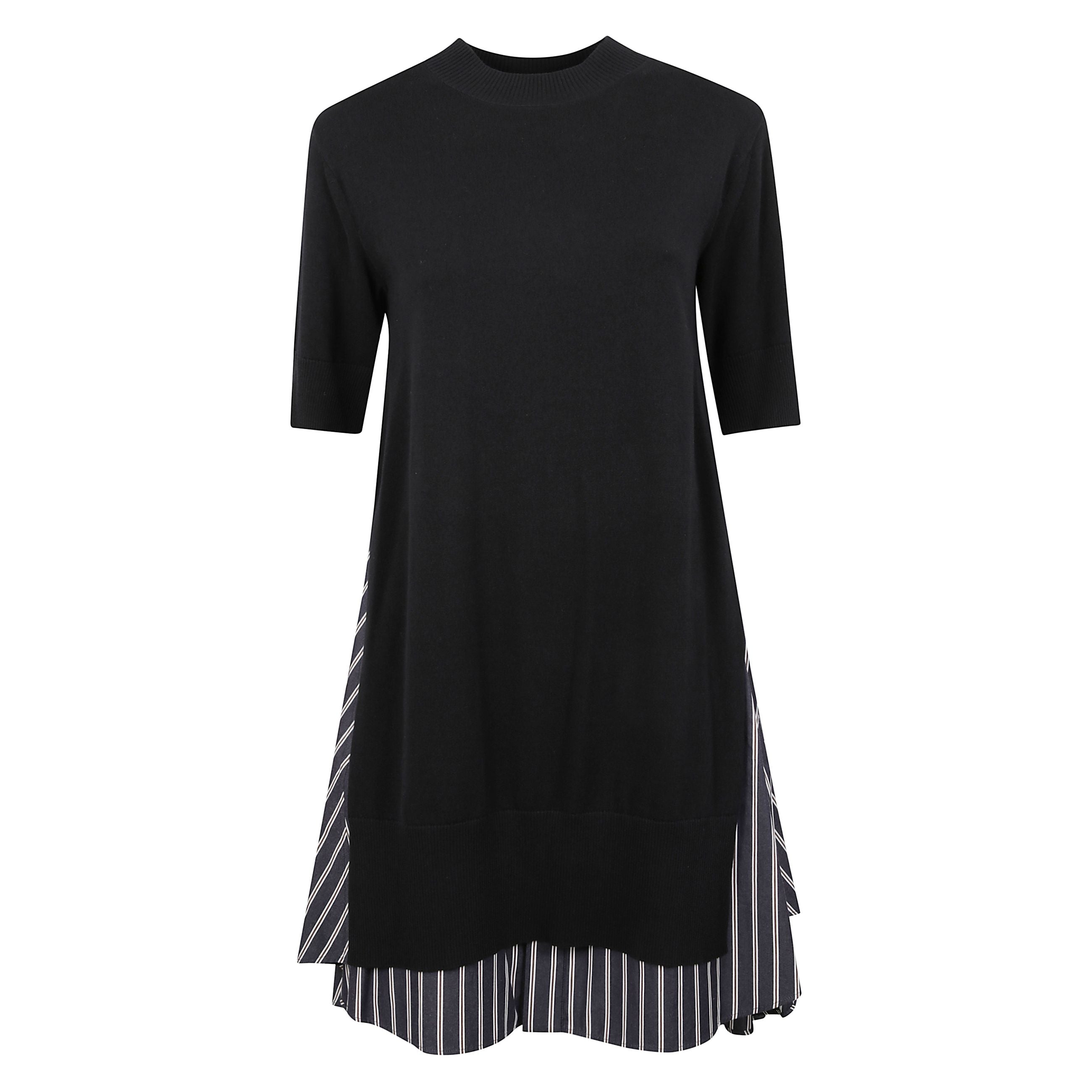 Vestito in misto cotone. vestibilità ampia. orlo stondato. maniche corte con lunghezza a gomito. scollo rotondo. inserti ad effetto sovrapposto sul fondo in tessuto a righe.