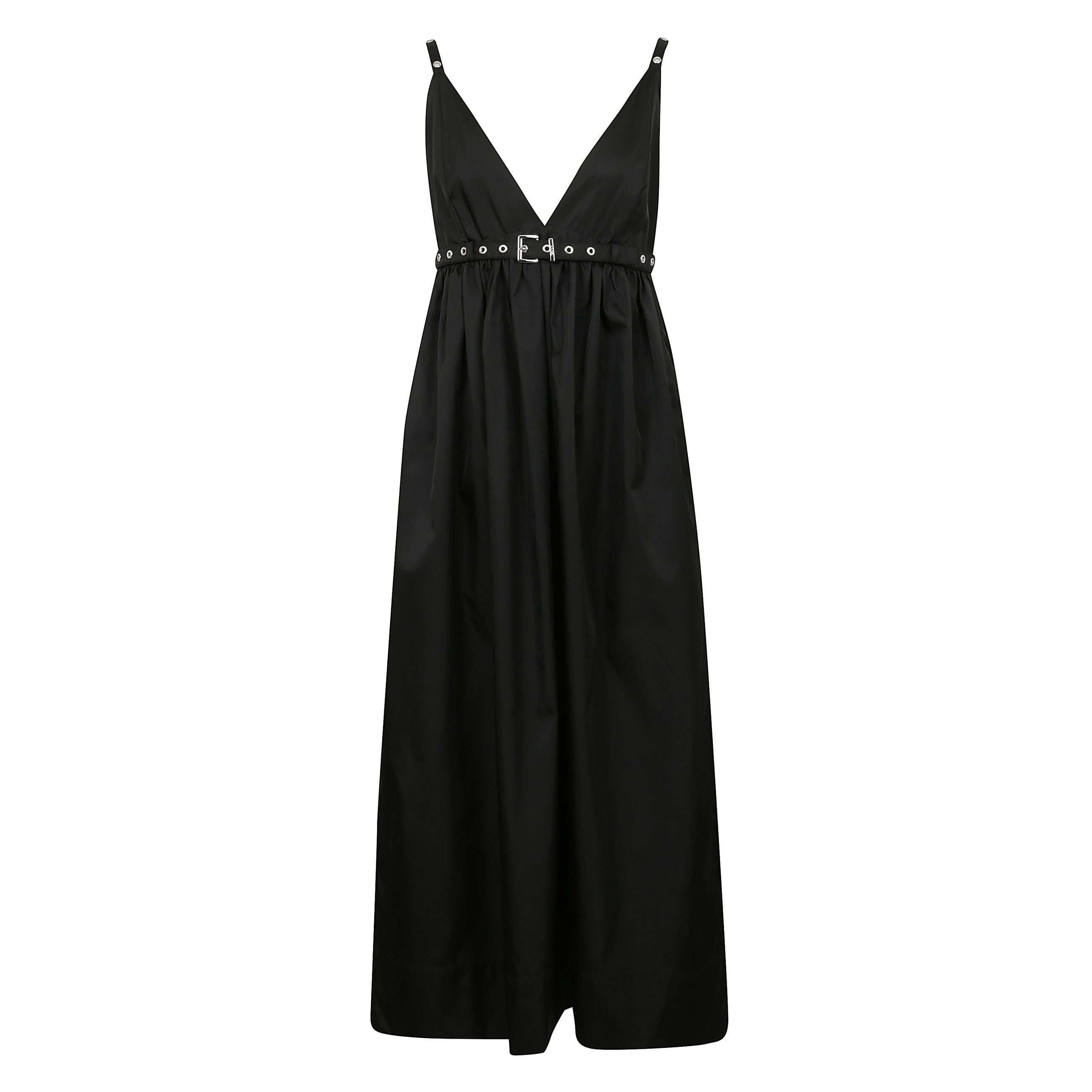 Questo nero duchesse nylon strap dress ha una silhouette a a-line e dispone di una profonda scollatura a v, sottili cinghie con piccoli occhielli metallici e una cintura corrispondente con una fibbia metallica che cinge la vita.