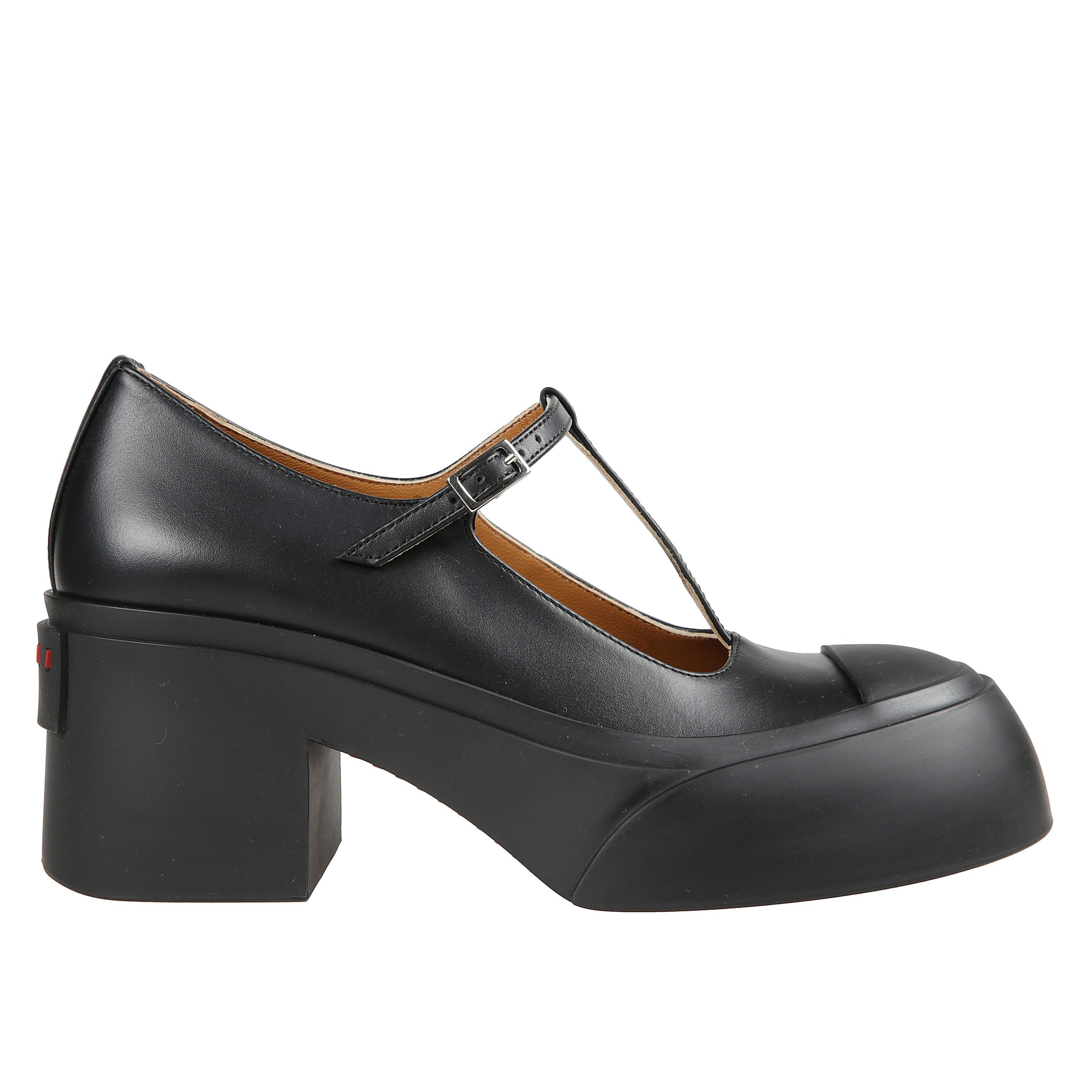 Pumps a punta rotonda in pelle di vitello con cinturino a t 70mm e logo sul tallone.