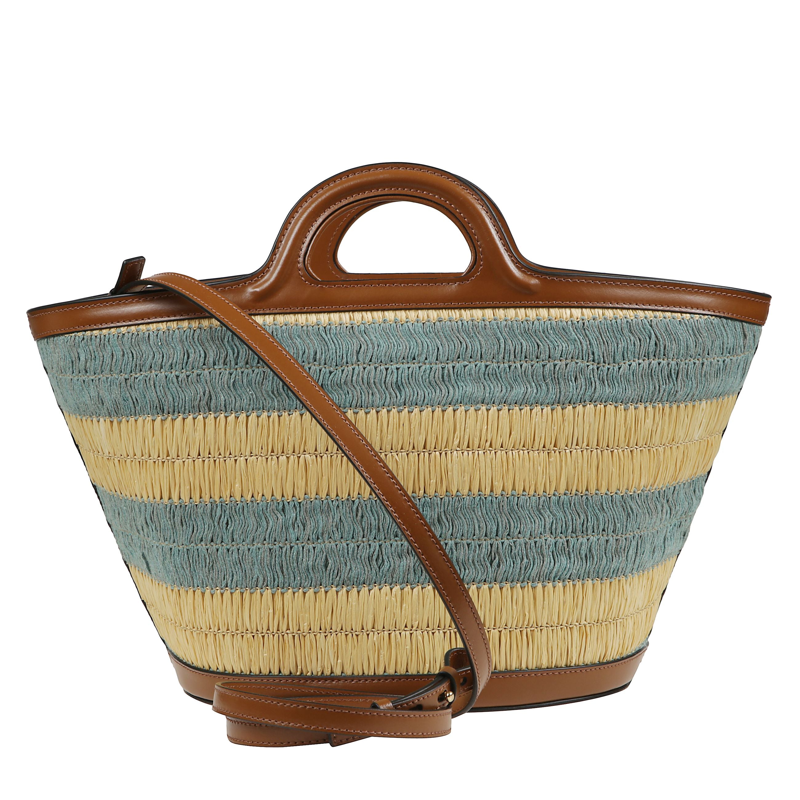 Tropicalia bag a secchiello in tessuto effetto rafia color-block con strisce in cotone crochet. logo marni ricamato sul davanti. rivestimento interno con coulisse. base, tracolla e manici in pelle. chiusura con moschettone.