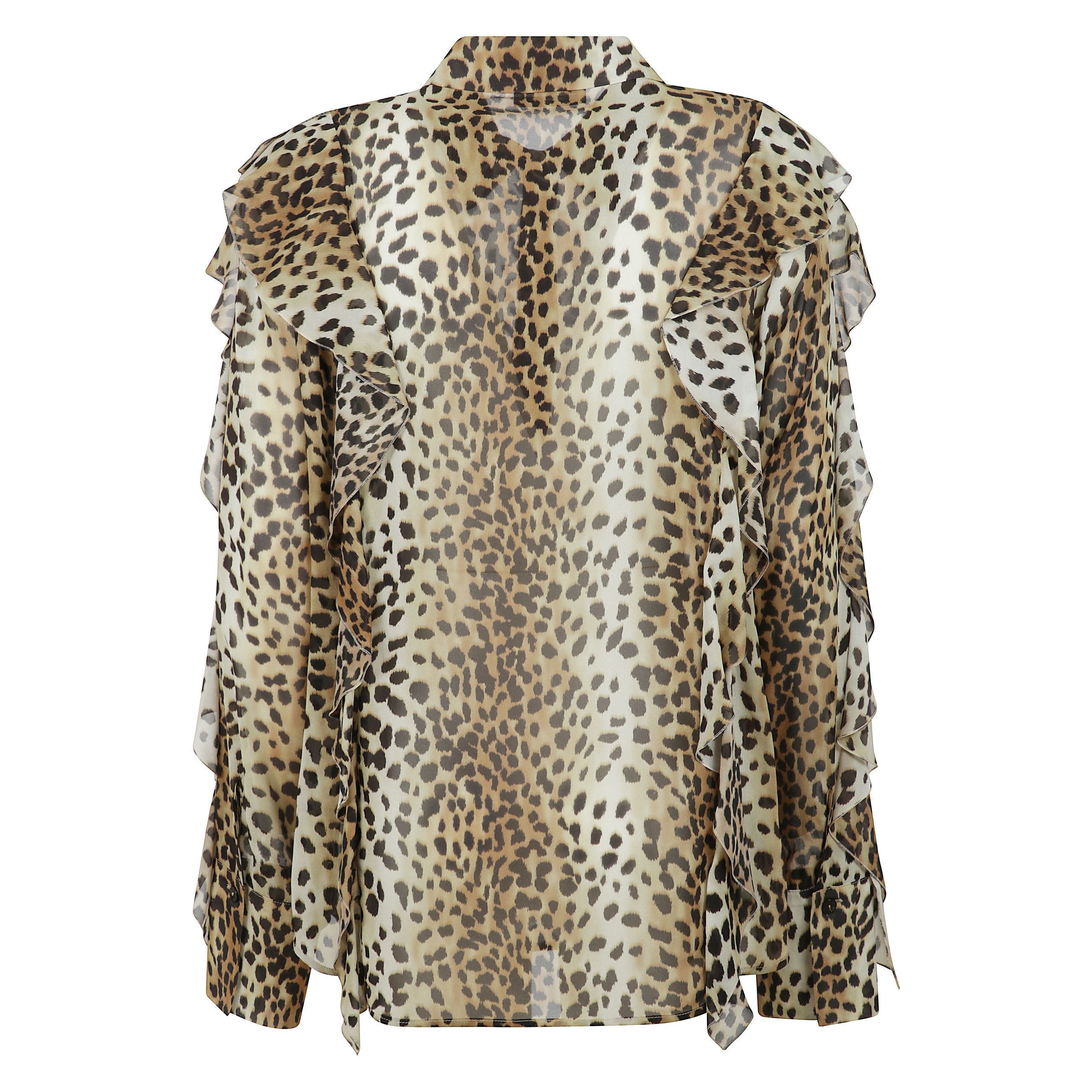 Camicia scivolata in georgette di viscosa stampata con volant. polsi alti con bottoni.