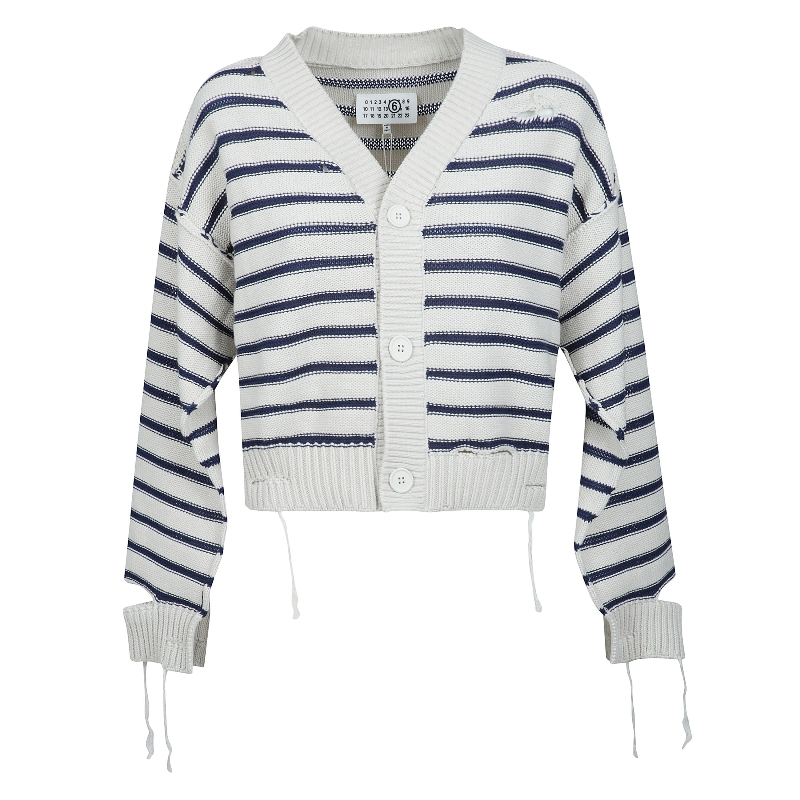 Cardigan in cotone a righe verticali bianco/blu in cotone con un
design lavorato a maglia e chiusura con abbottonatura frontale,
maniche e spalle scese rifinite con effetto vissuto.