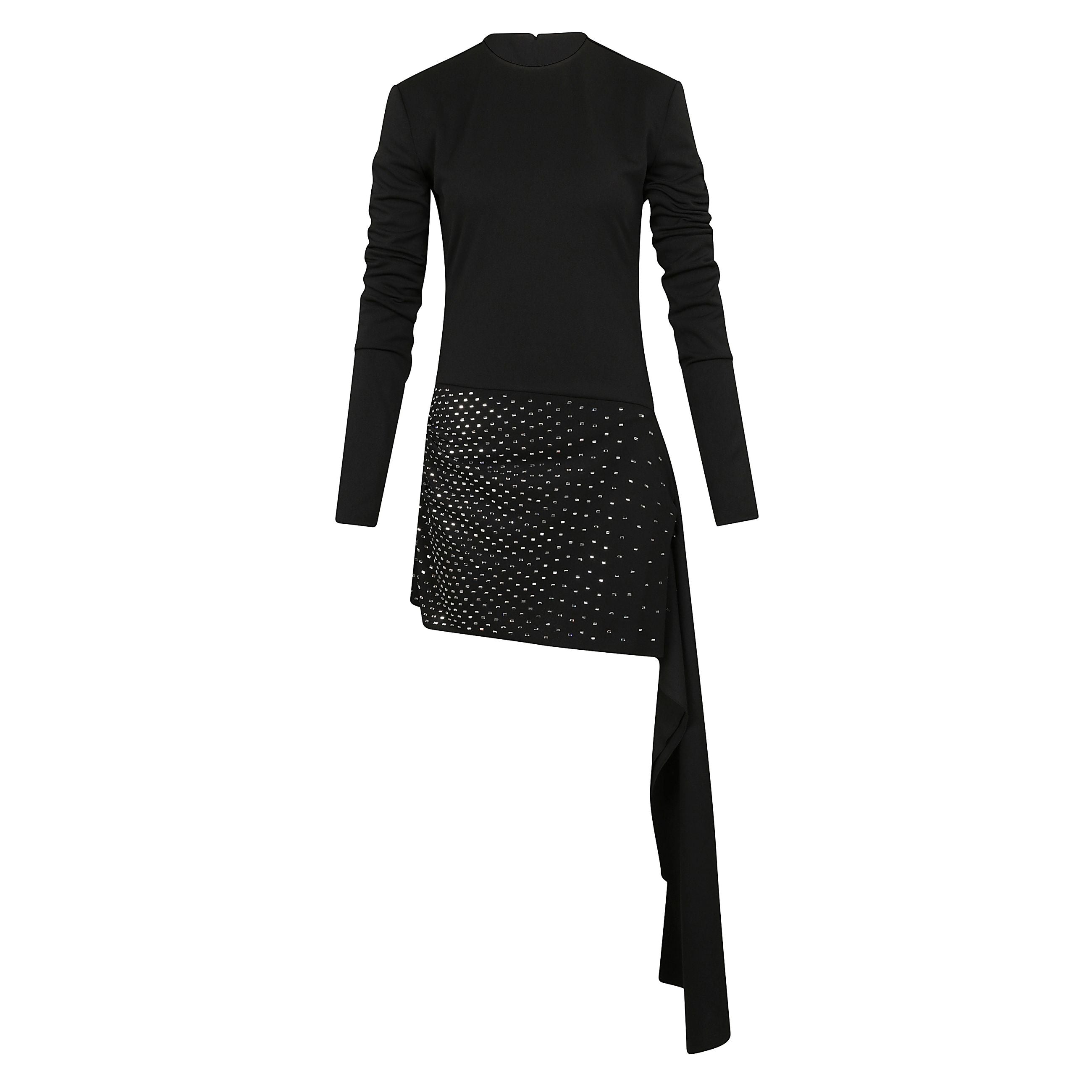 Abito girocollo nero corto asimmetrico con chiusura posteriore a zip e gancio nascosta