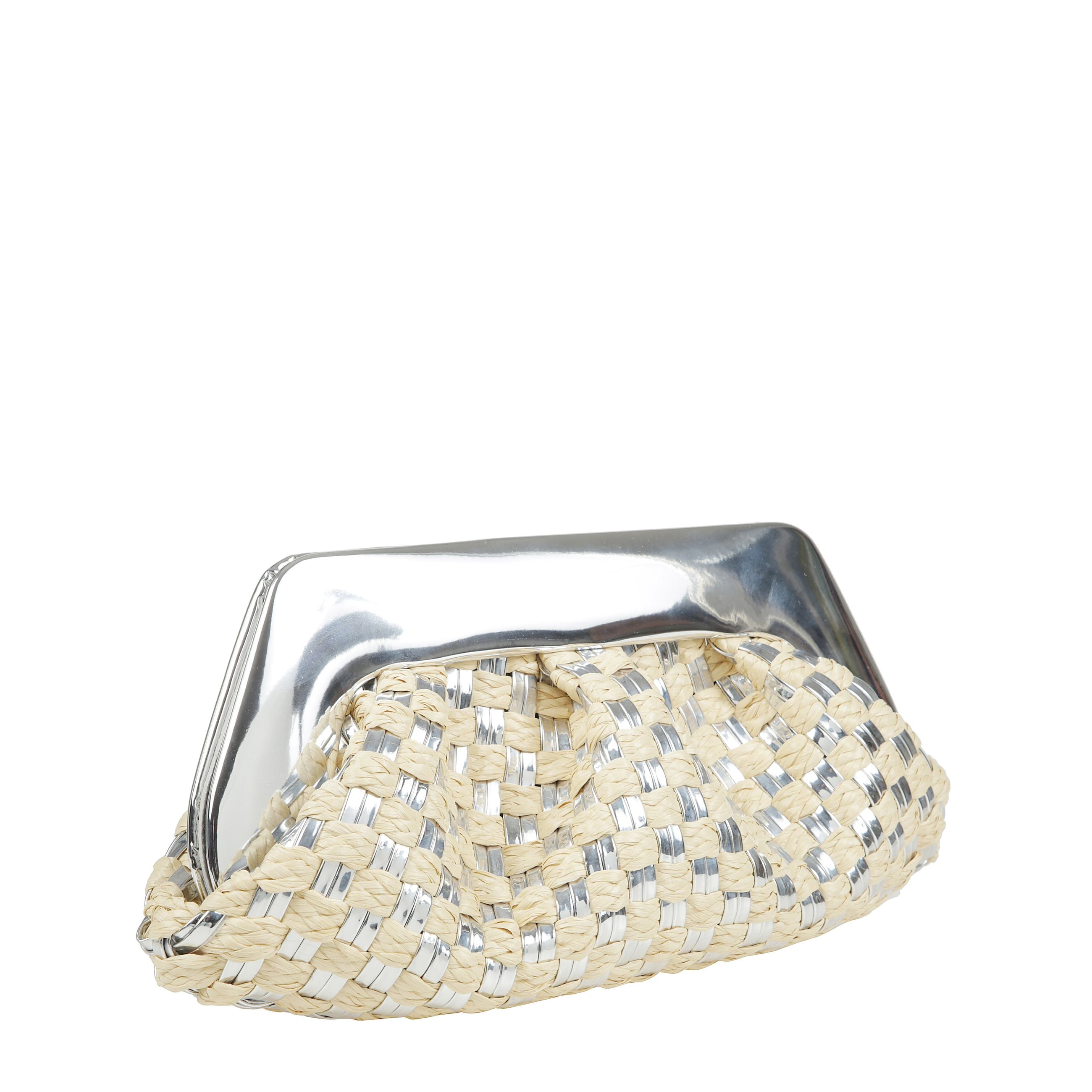 Borsa modello intrecciato all-over realizzata in pelle sintetica e paglia, manico on-top, chiusura magnetico nascosta e scomparto unico