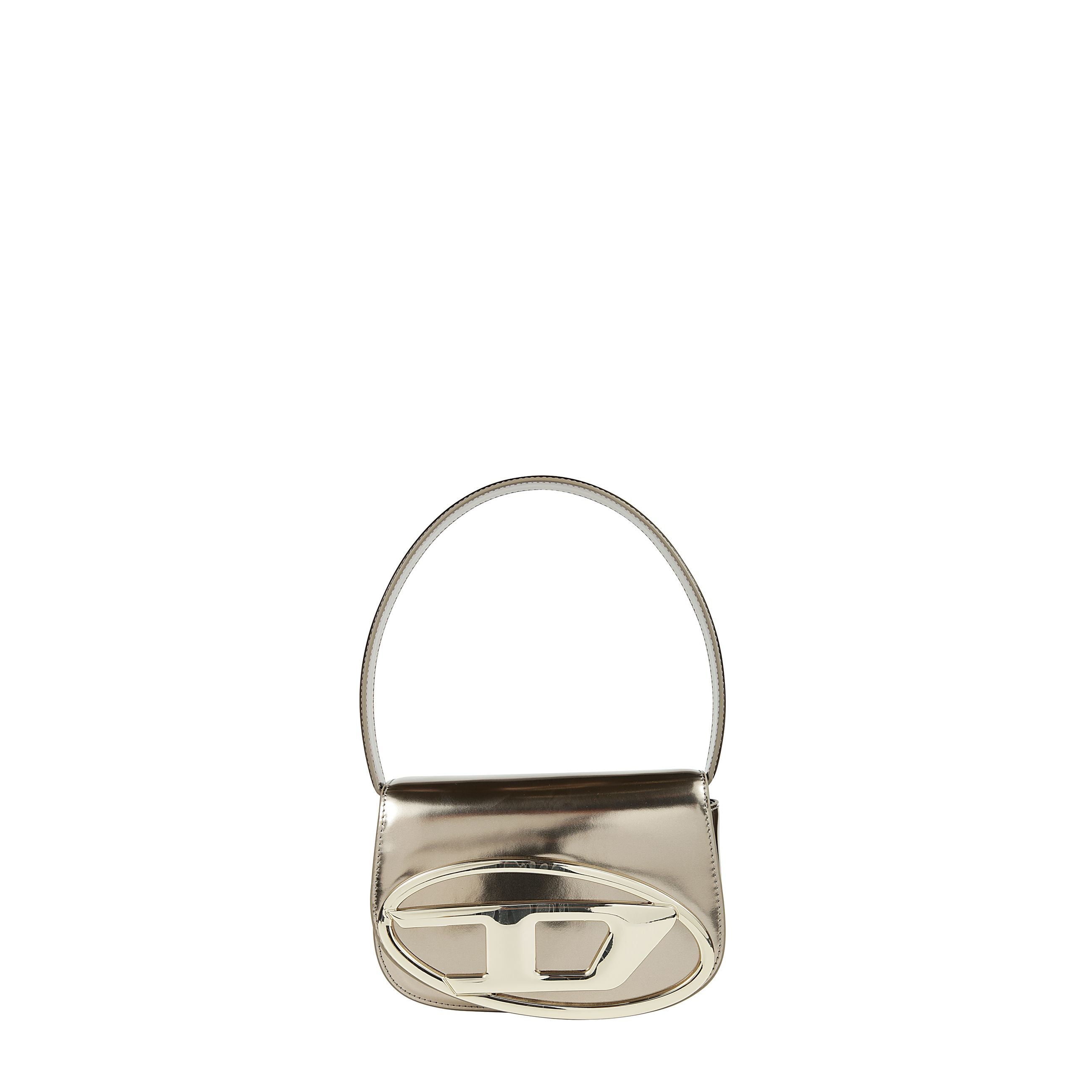 Borsa da donna strutturata e compatta, con manico da indossare a spalla e tracolla opzionale. la targhetta âoval dâ galvanizzata sulla patta si abbina al corpo in pelle lucida specchiata. la variante colore rosso di questo articolo è unâedizione li