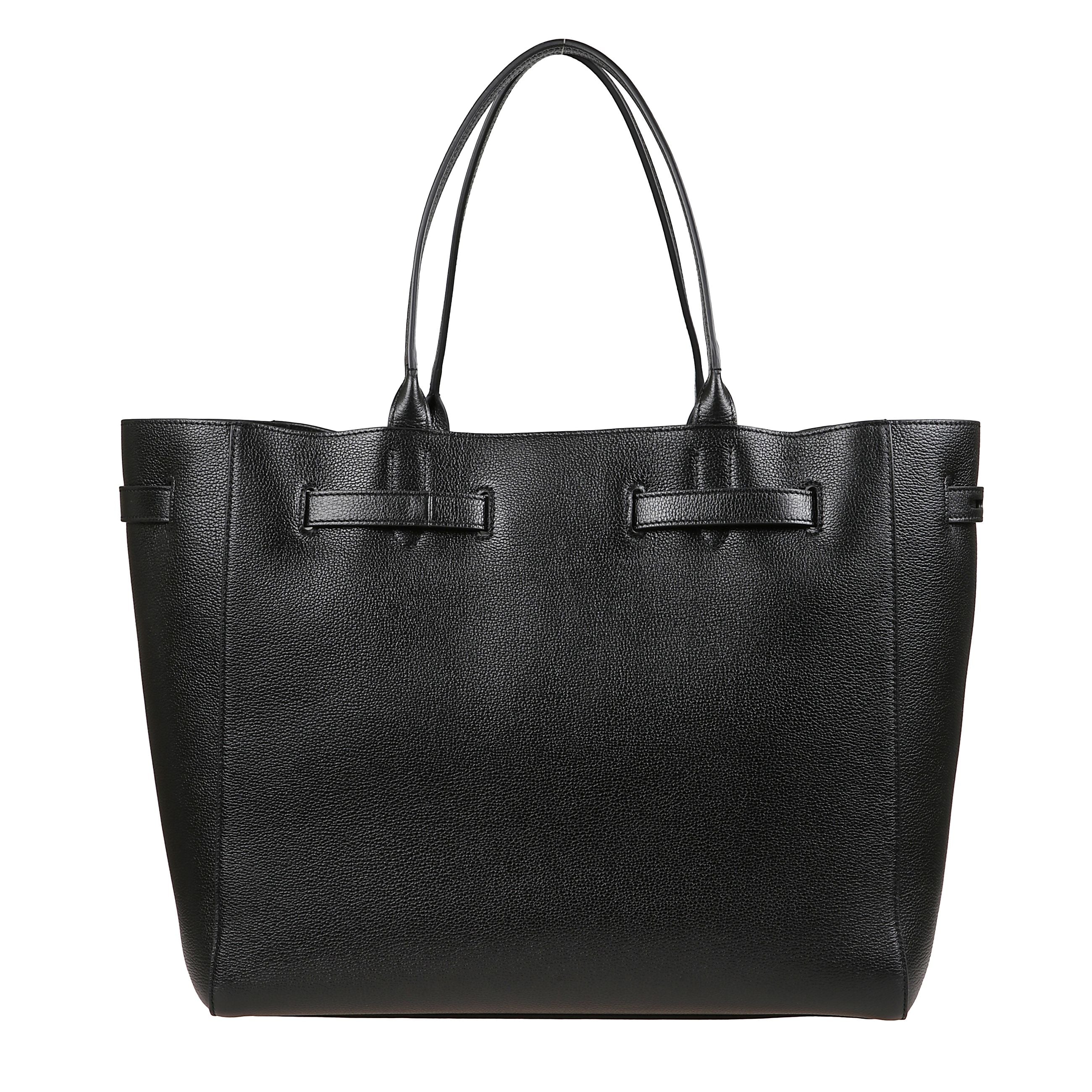 Borsa tote audrey large in pelle martellata nera con dettaglio metallico a t e cintura in pelle regolabile per modulare la forma. interno con ampio scomparto e tasca con zip, fodera in microfibra morbida.