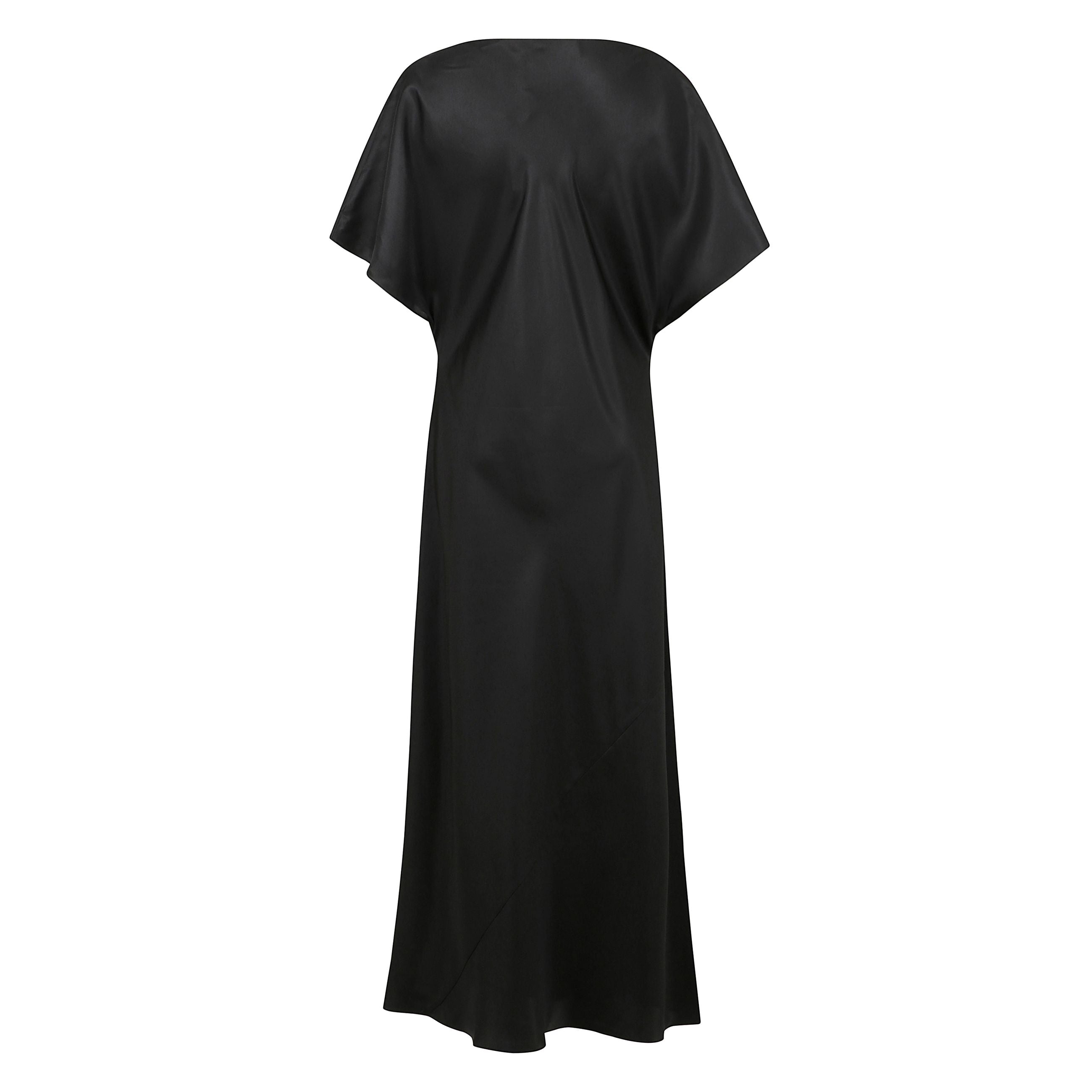 Abito lungo lungo in seta fino alla caviglia, con scollatura alta drappeggiata, vita stretta e ampie maniche.