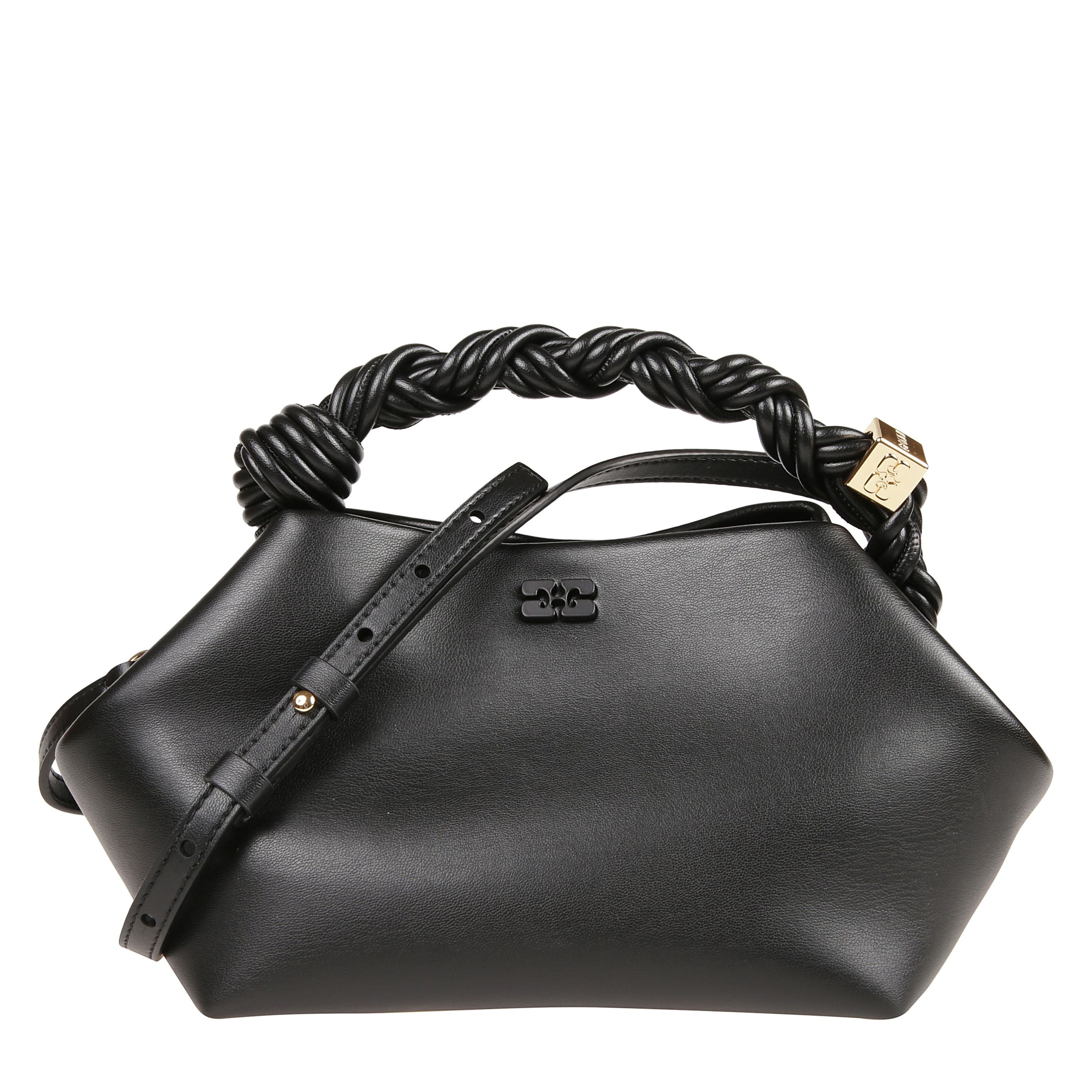 Borsa in pelle. manico intrecciato con nodo decorativo. tracolla removibile. dettaglio dorato sul manico con logo ganni e firma del brand impressa sul retro.