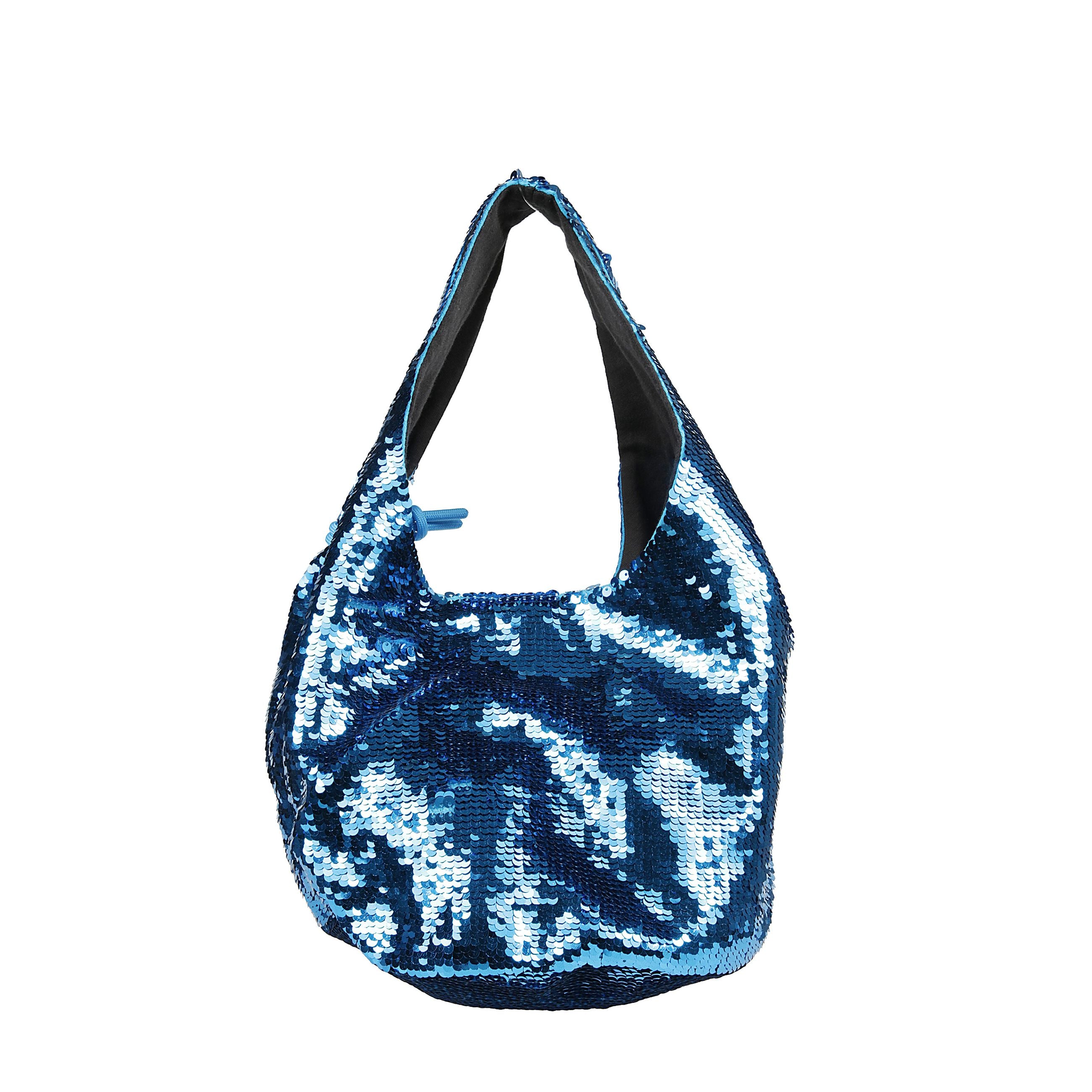 Borsa mini sequin shopper di jw anderson a scomparto unico in tessuto con pailletter, è ricamate all-over design con paillettes, chiusura magnetica nascosta, due manici piatti e ciondolo con logo.