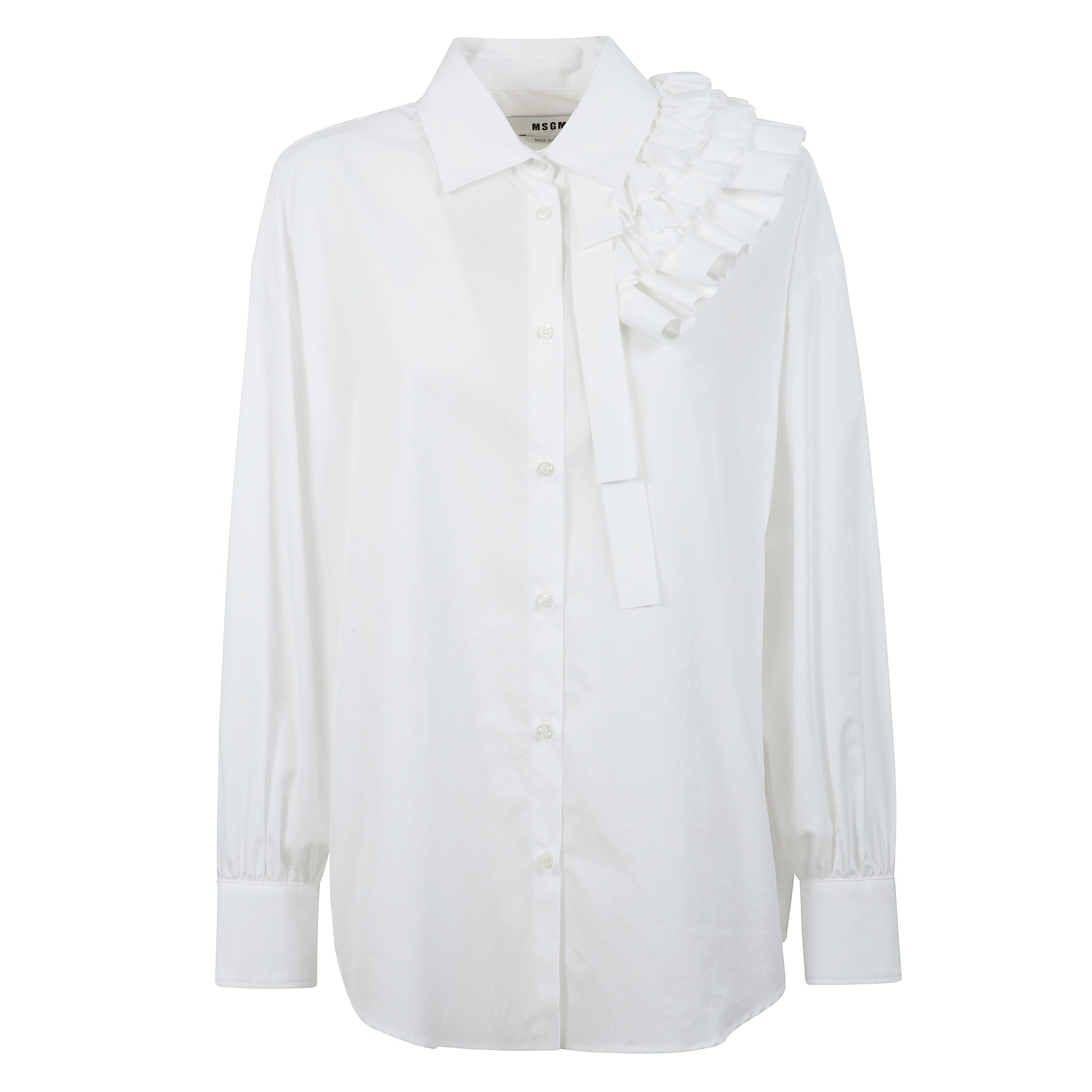 Camicia in popeline di cotone con dettaglio rouches applicati sulla spalla.