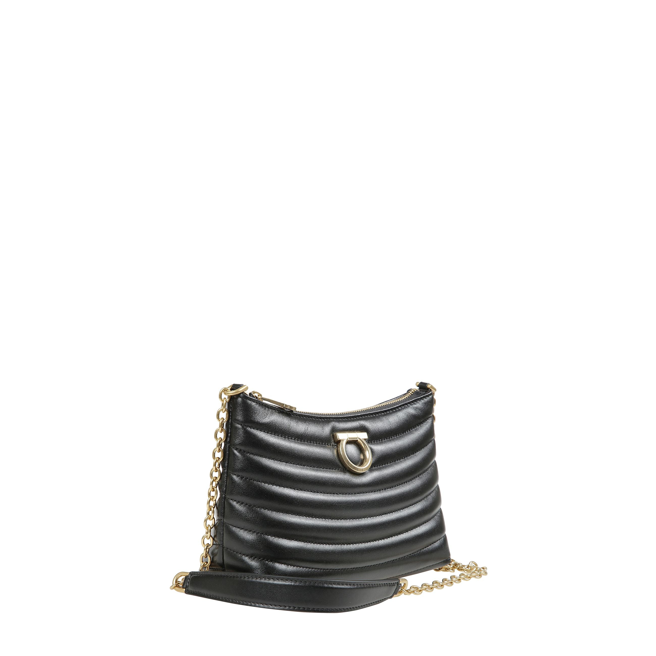 Borsa a tracolla con catena dal design in pelle ondulato e dettagli gancini su davanti.