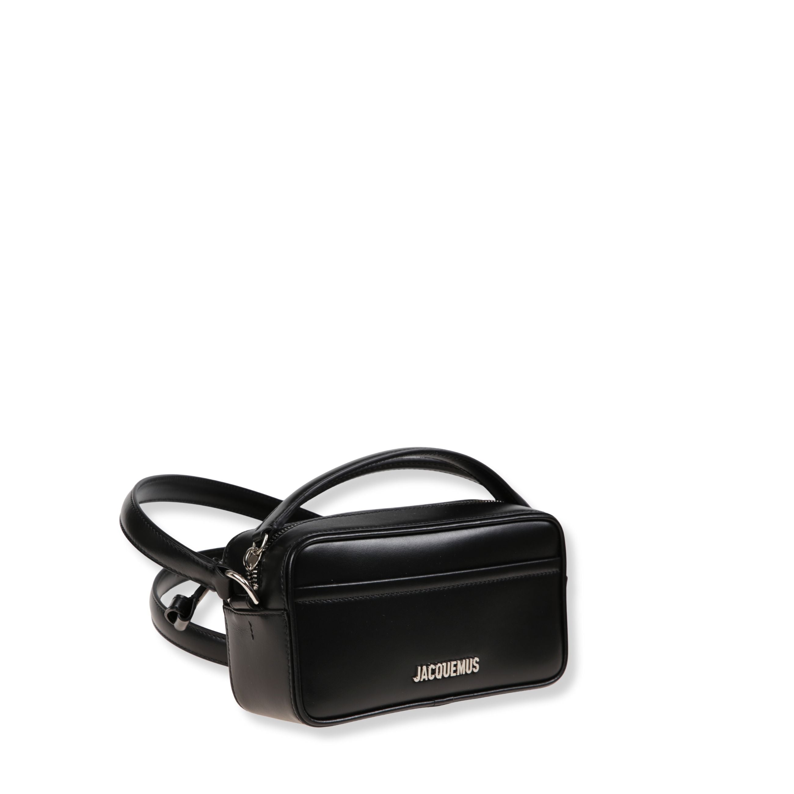 Borsa jacquemus a tracolla in pelle. forma rettangolare con chiusura superiore con zip. manico corto in pelle e tracolla lunga regolabile.