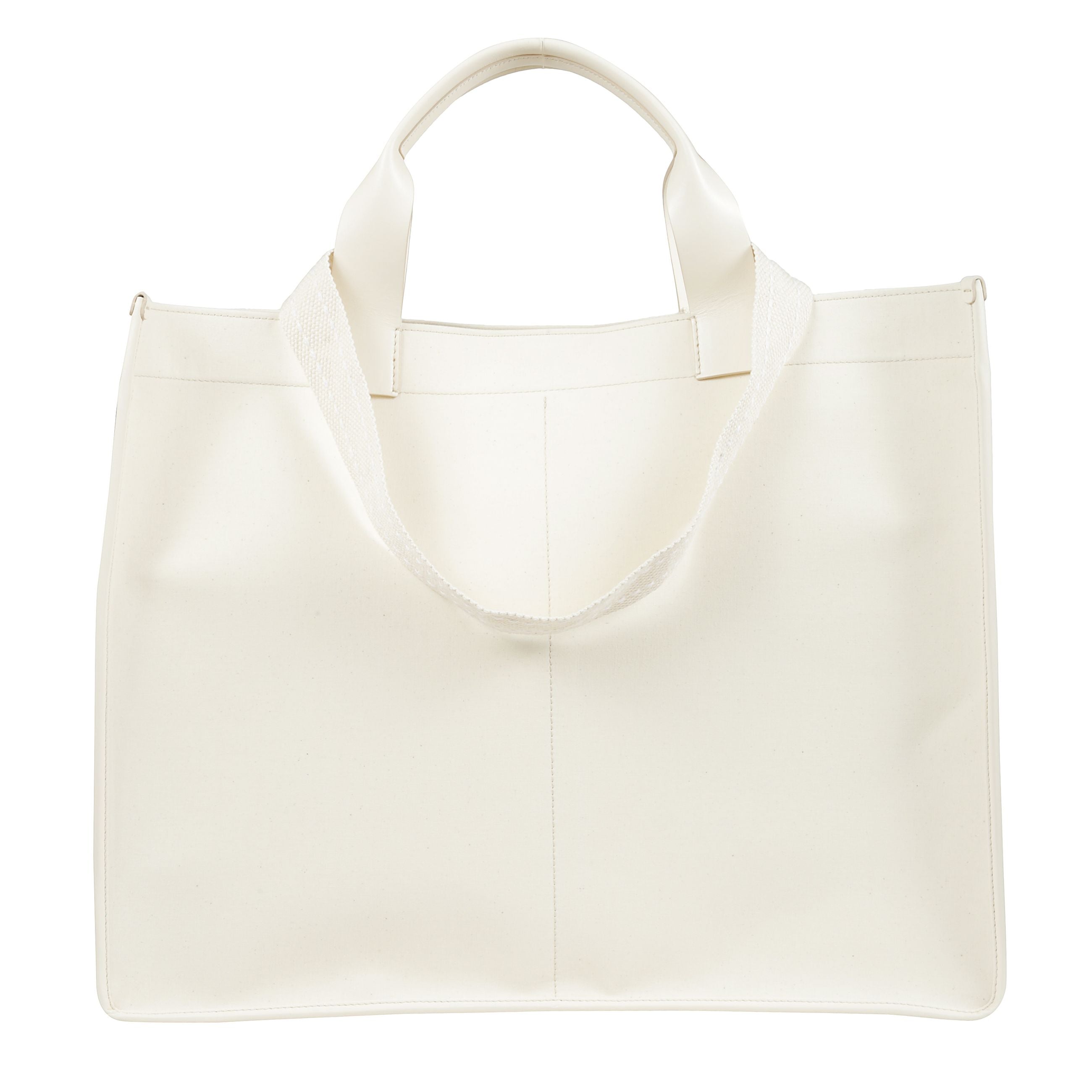 Borsa shopping cabas in tessuto con profilature in pelle arricchita da applicazione logata sulla parte frontale, interno sfoderato con cinque tasche a fessura