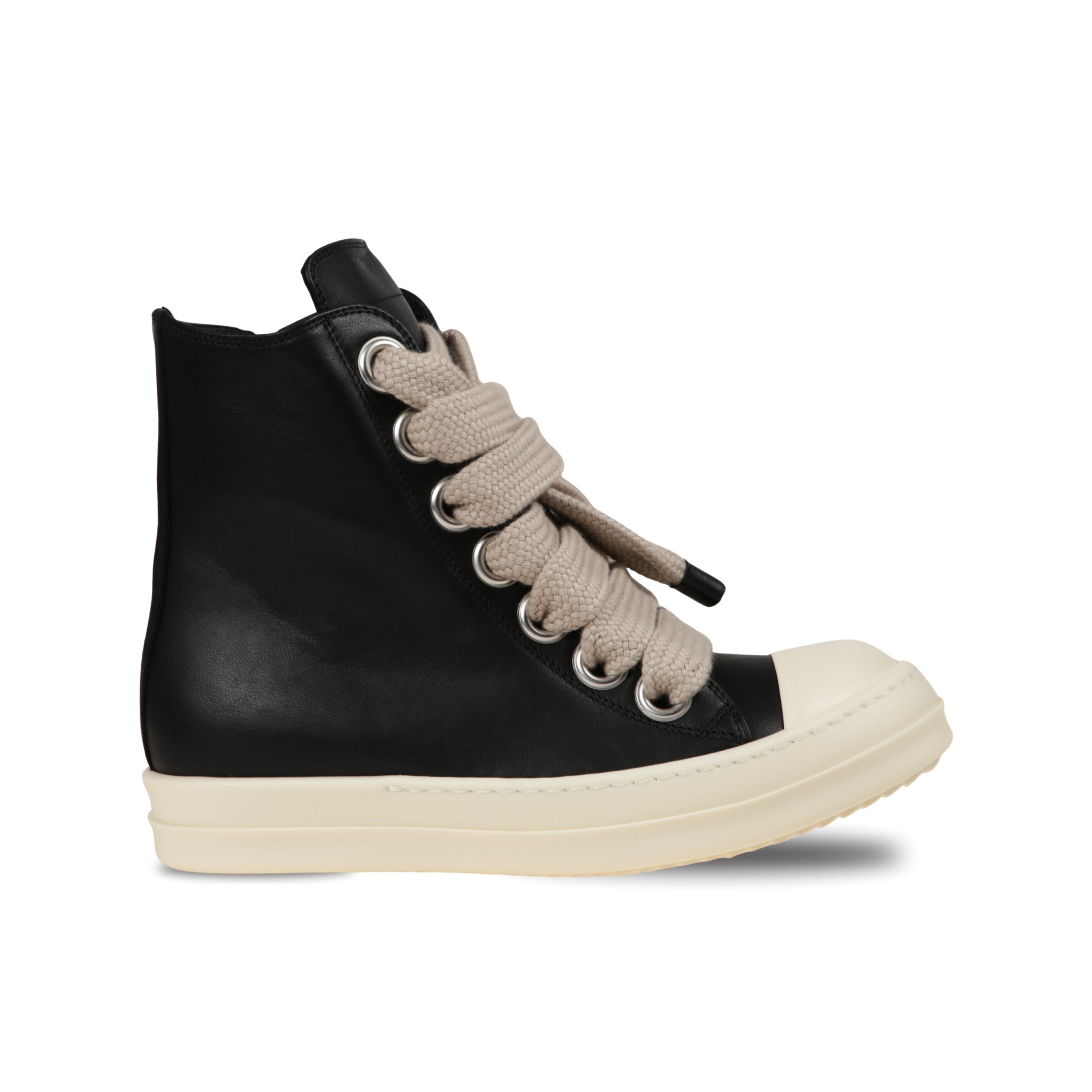Sneakers high-top rick owens. design in pelle tinta unita effetto opaco, con grandi lacci piatti ed occhielli metallici. dotati di chiusura con zip metallica laterale.
