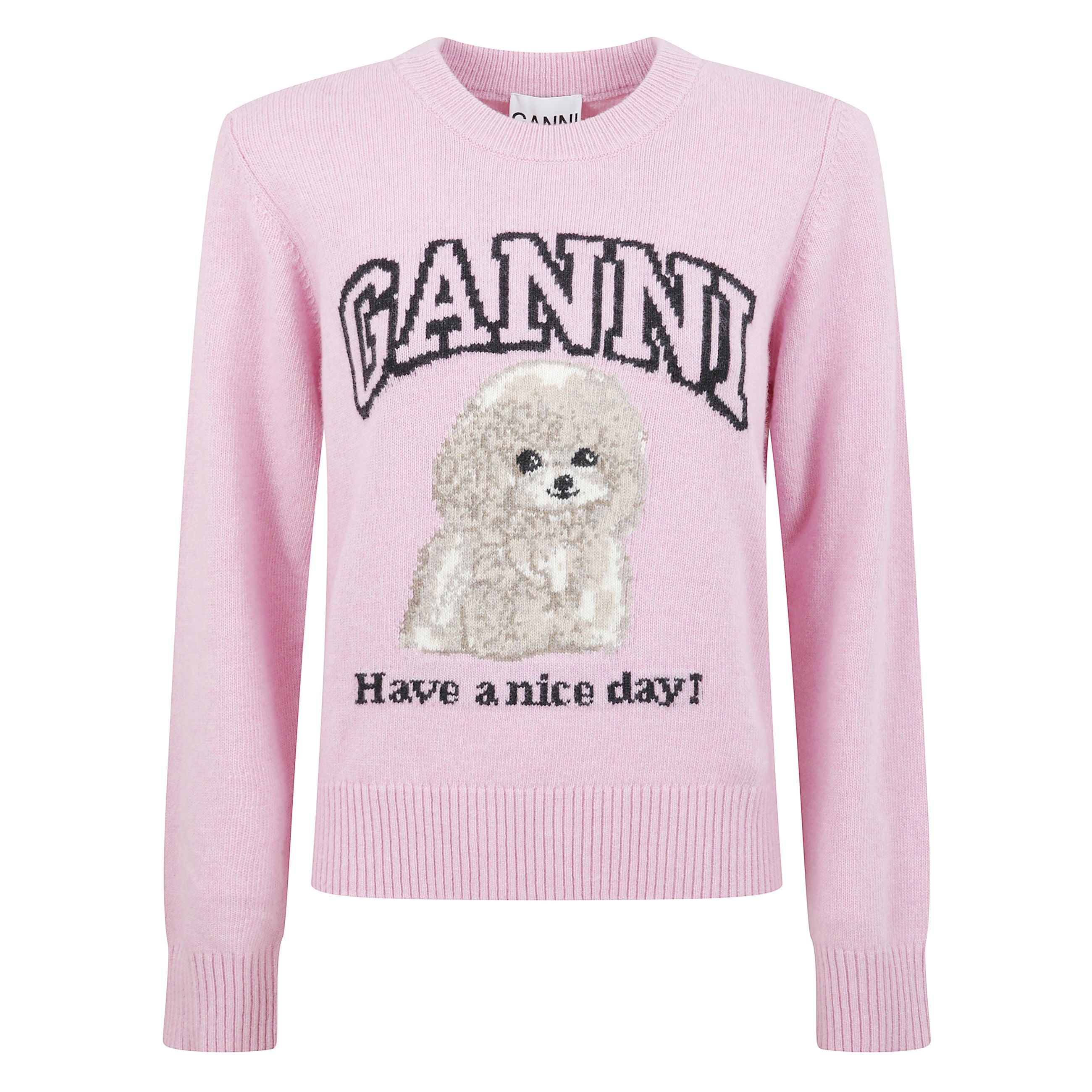 Maglia in misto lana girocollo e maniche lunghe. scollo, polsini e orlo a coste. stampa grafica con barboncino e firma ganni sul fronte.