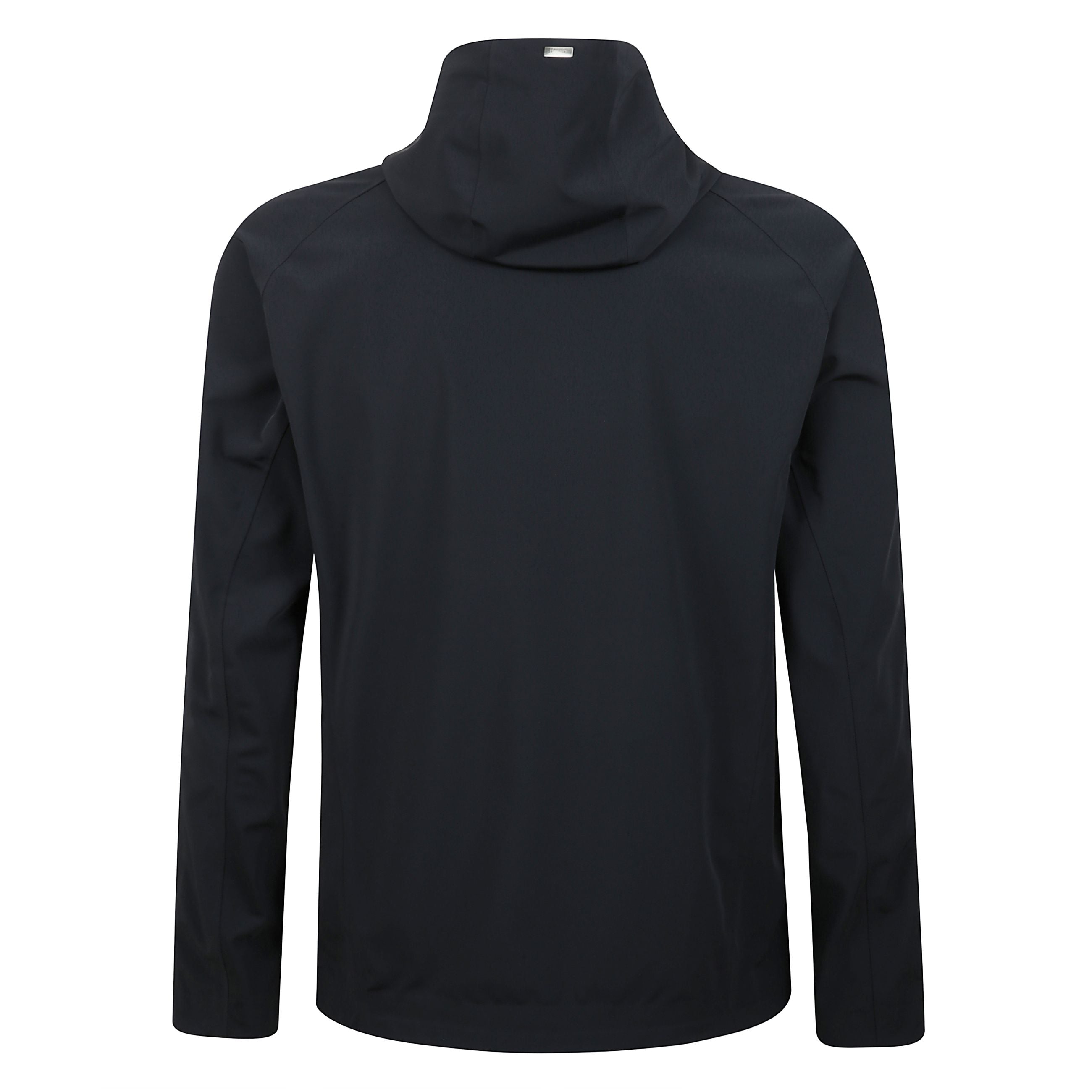 Giubbino con cappuccio in tessuto double bi-strech bianco, chiusura frontale con zip a doppio cursore, placchetta logo in metallo sul cappuccio, linguetta con bottone a pressione sui polsini