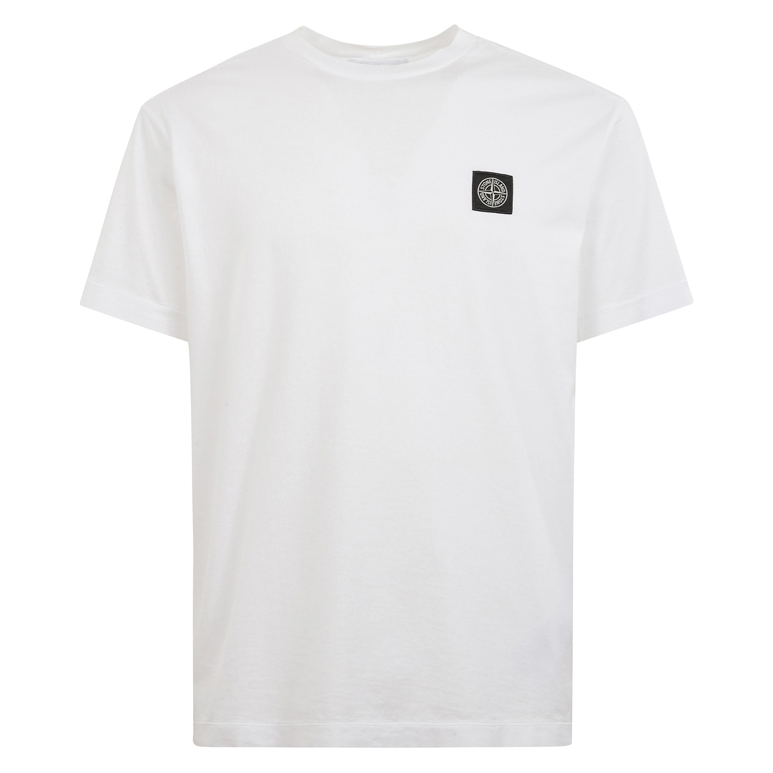 T-shirt bianca stone island in puro cotone, con girocollo e maniche corte. logo a contrasto applicato sul petto.