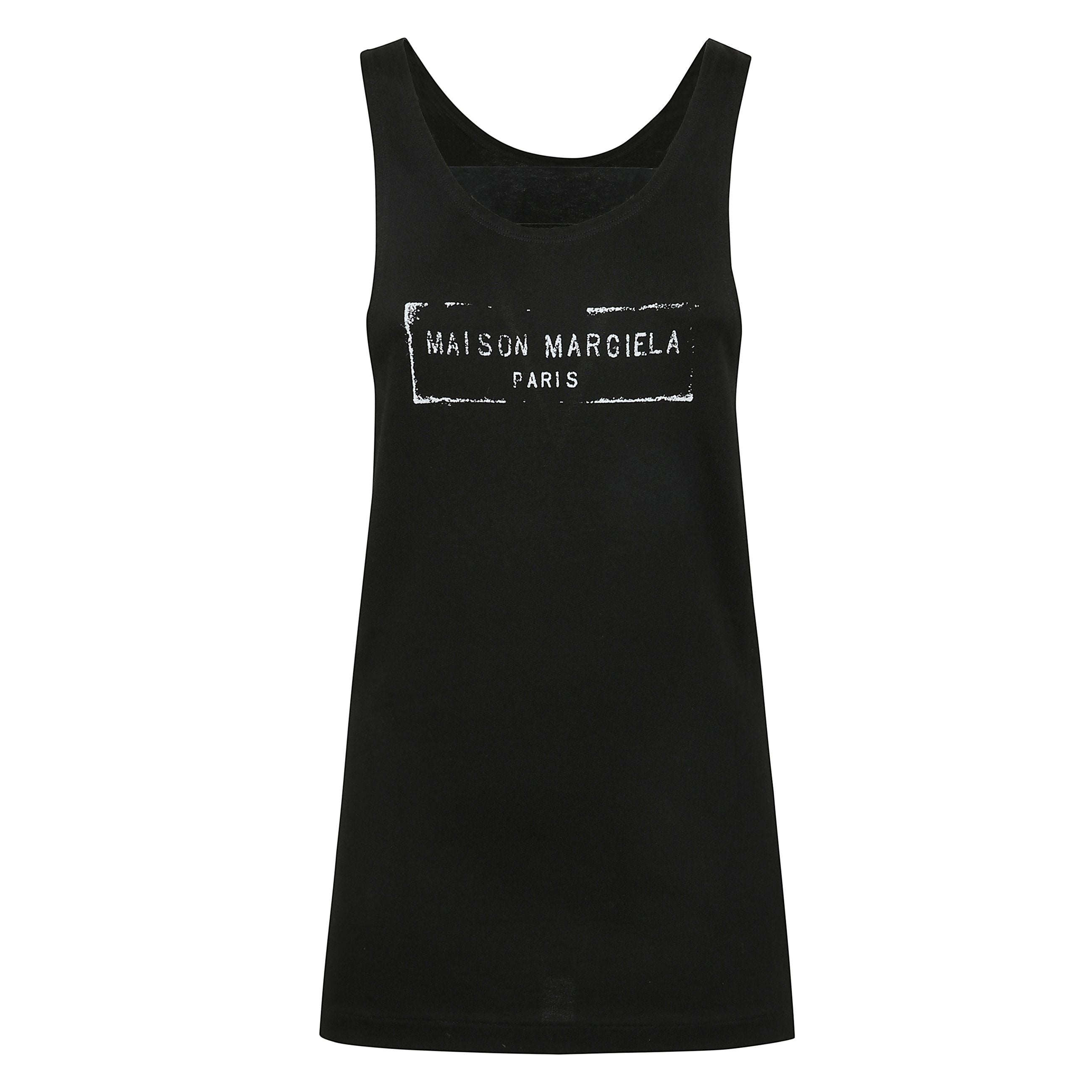 Canotta in cotone con stampa logo timbro sul petto e spacco tagliato a vivo laterale.