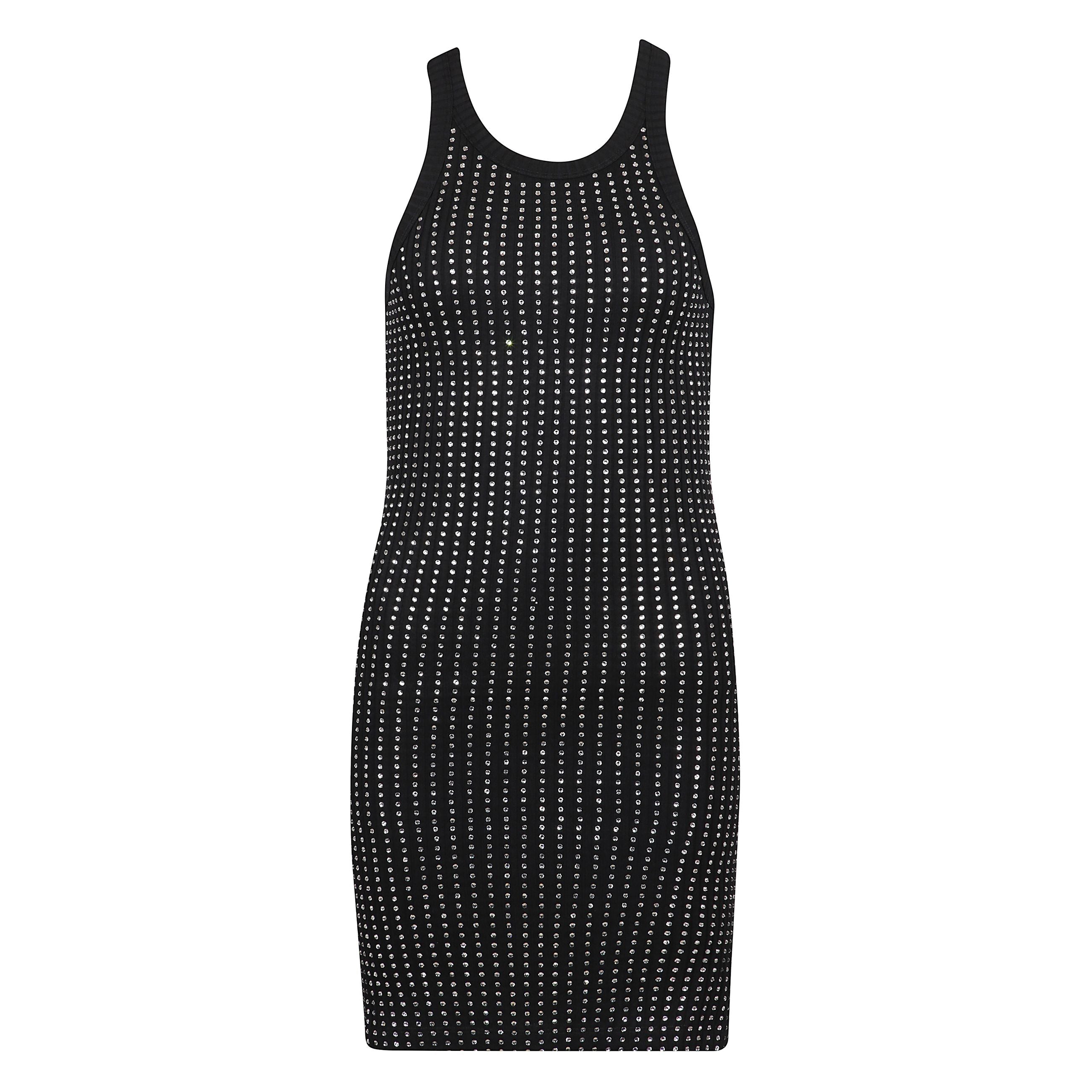 Abito a girocollo nero corto con strass e senza maniche