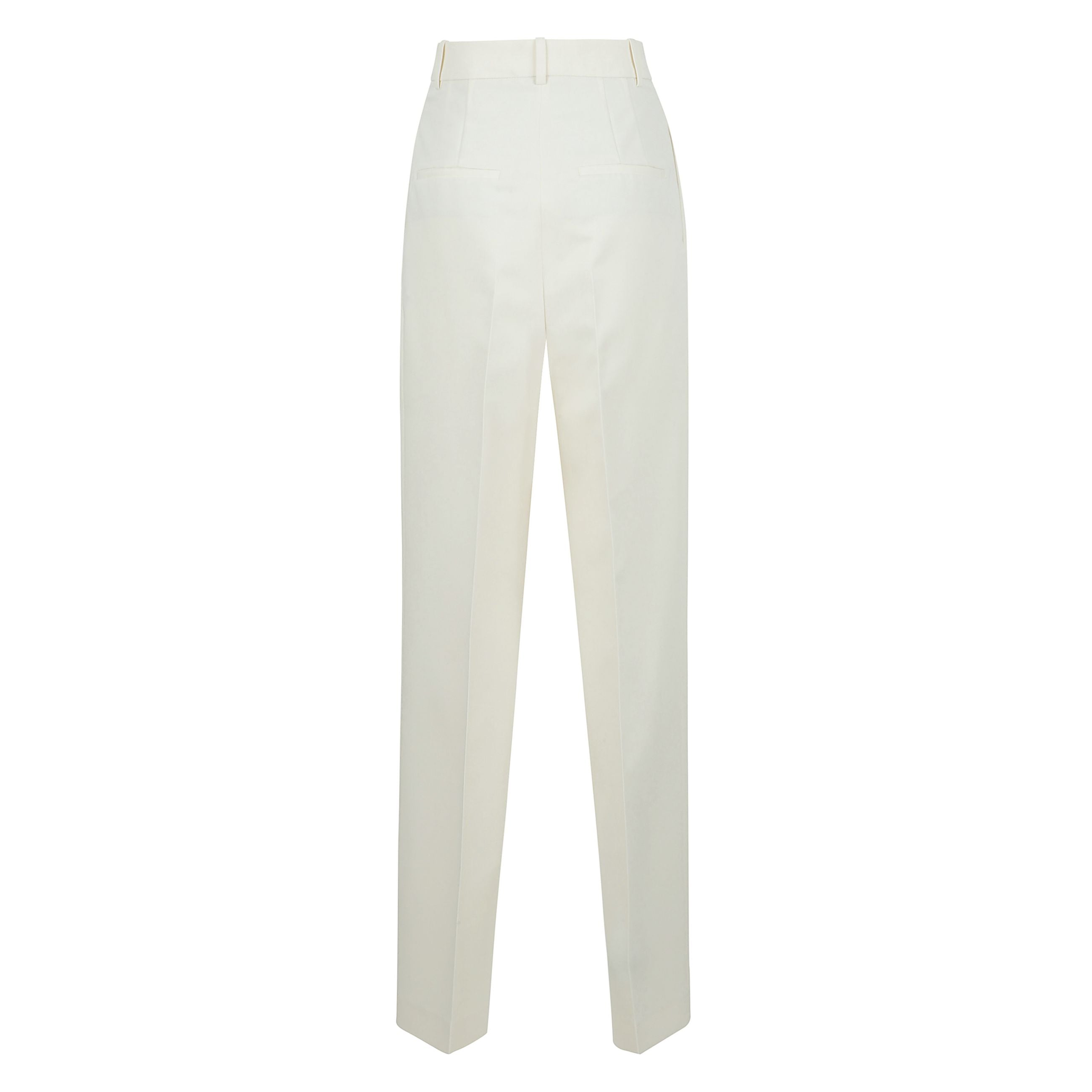 Pantaloni palazzo con pinces tono su tono, chiusura con doppio perno e zip nascosta da patta, quattro tasche