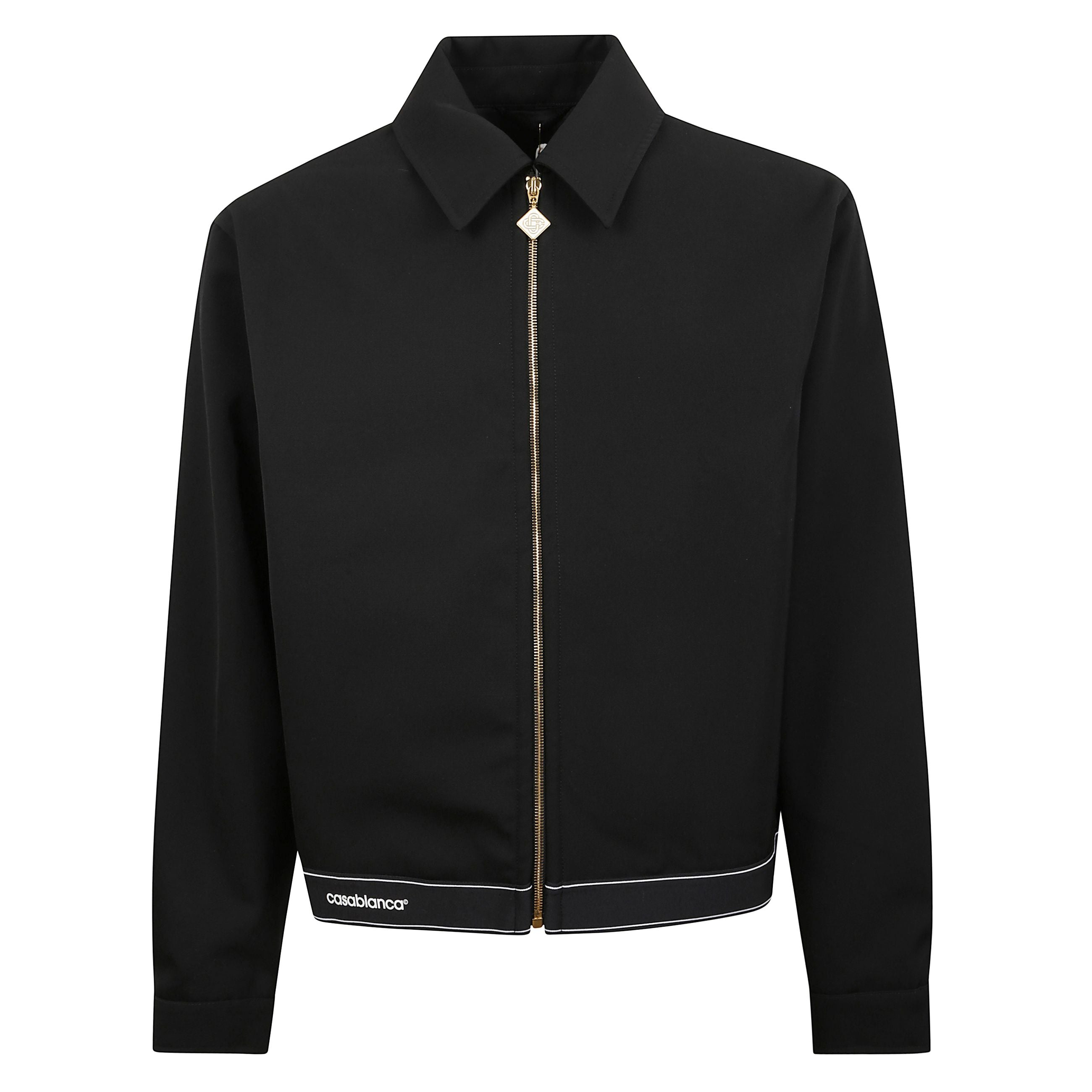 Giacca casablanca in tessuto. chiusura frontale con zip dorata e pendaglio con logo casablanca. collo classico. bottoni dorati sui polsini. orlo e polsini a costine.
